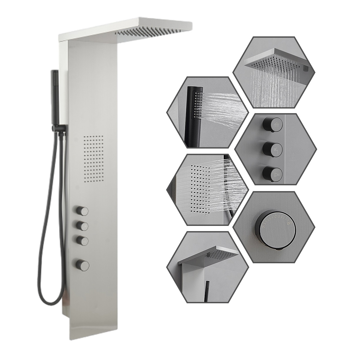 BWE C-YTP11-N Onyx SPA All-in-One Brushed Nickel 20-in Waterfall Dual Head Shower Tower System with 3-way Diverter