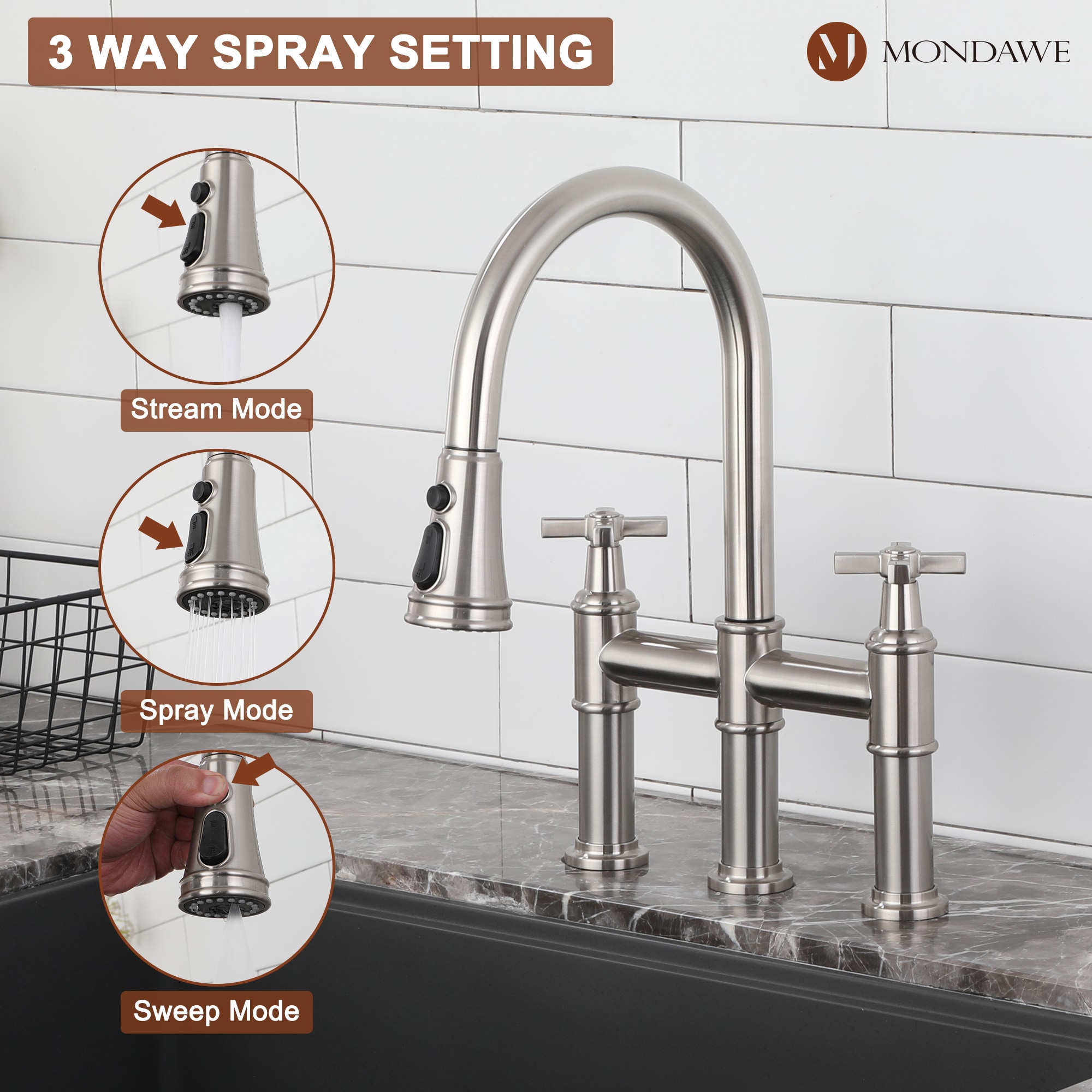 Mondawe OR-SP02CH-DG Brushed Nickel Double Handle Deck-mount Bridge Kitchen Faucet with Sprayer