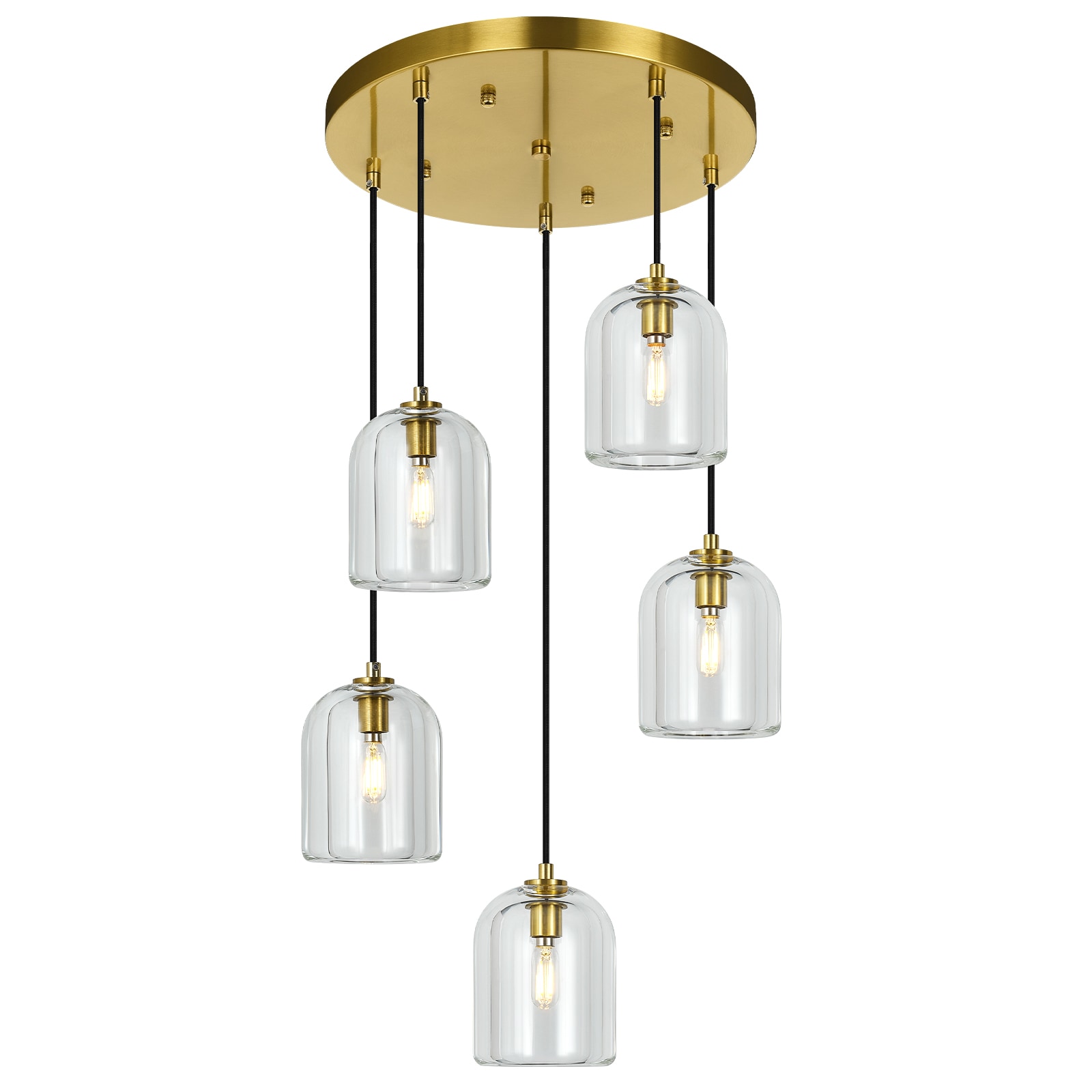 ZHLLMQ Modern 15.74 in 5-Light Modern Gold Base Thick Clear Bell Glass Hardwired Cluster Adjustable Pendant Light Fixture for Kitchen Island Dining Room Bedroom Decor