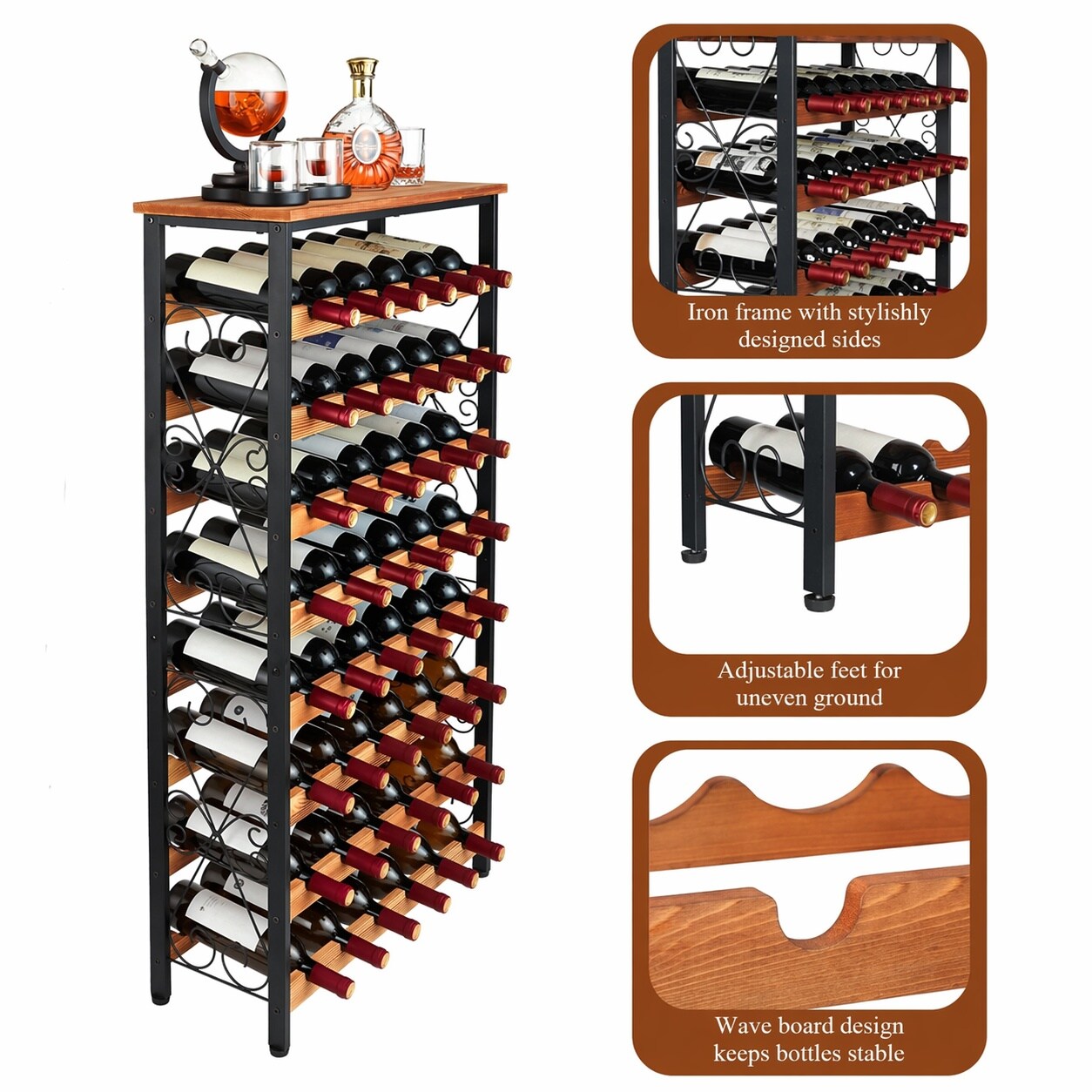 Etokfoks 48 Bottle Black Brown Iron and Wood Freestanding Floor Wine ...