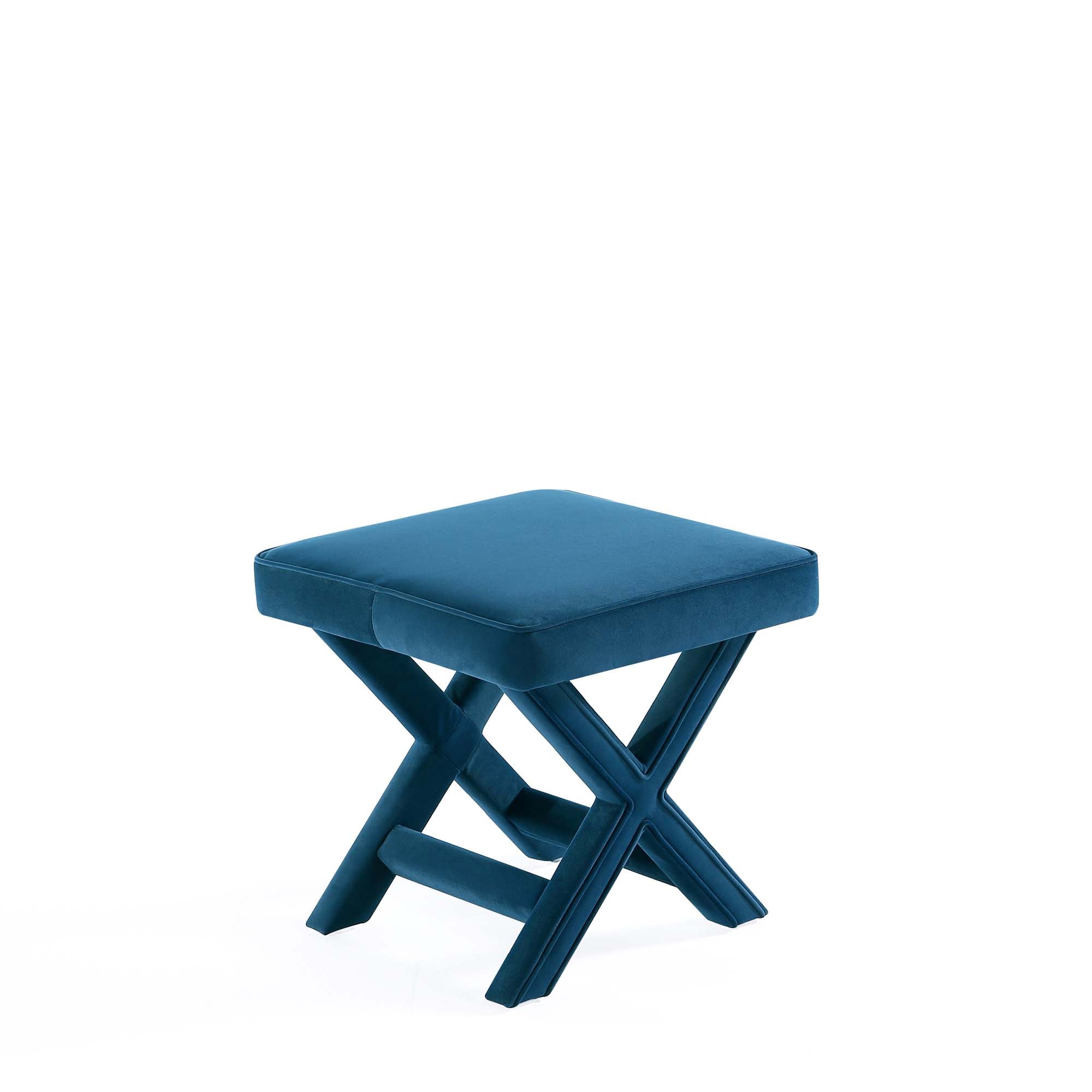 Abigail Blue Velvet Upholstered X-Base Ottoman
