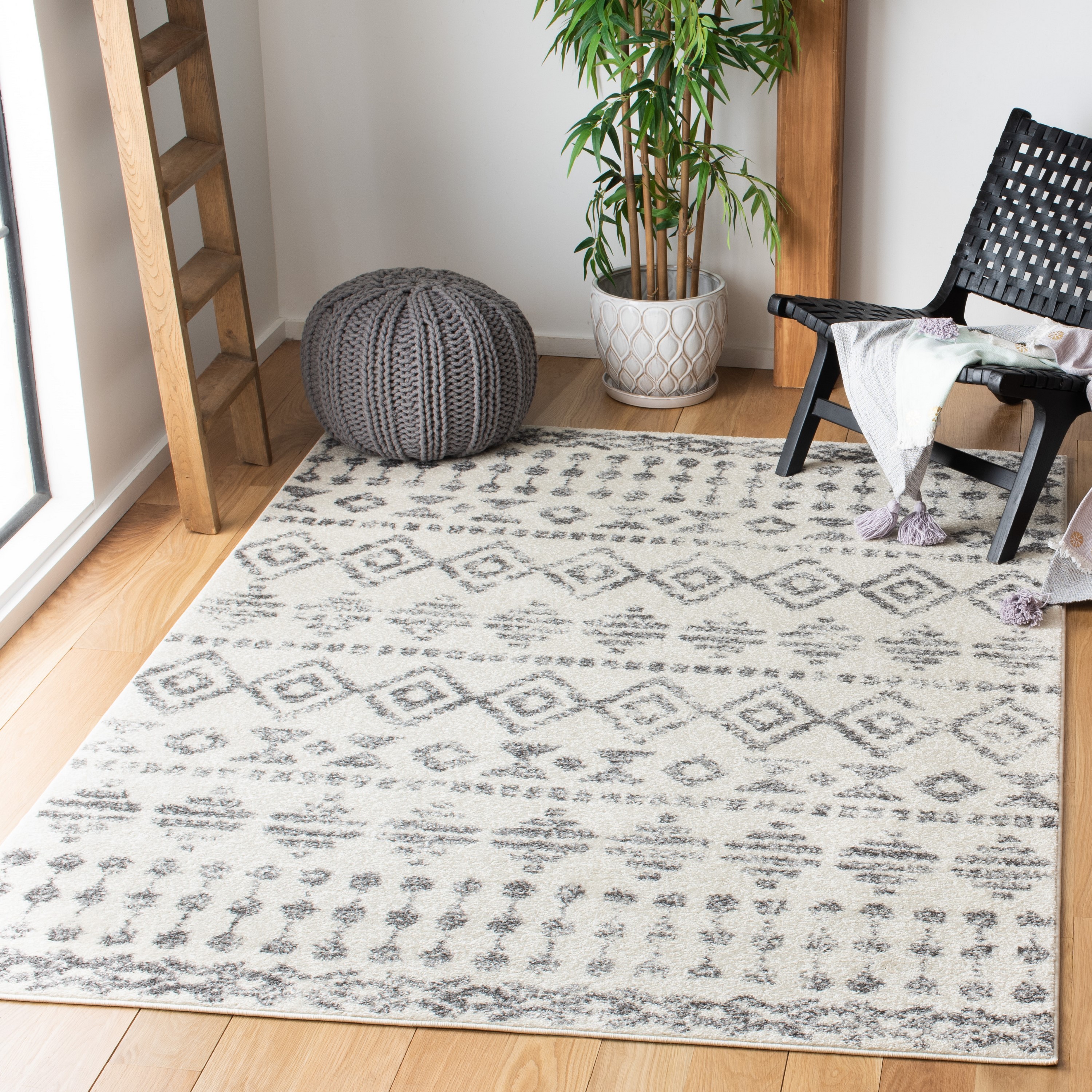 Ivory and Gray Geometric Hand-Knotted Rectangular Area Rug