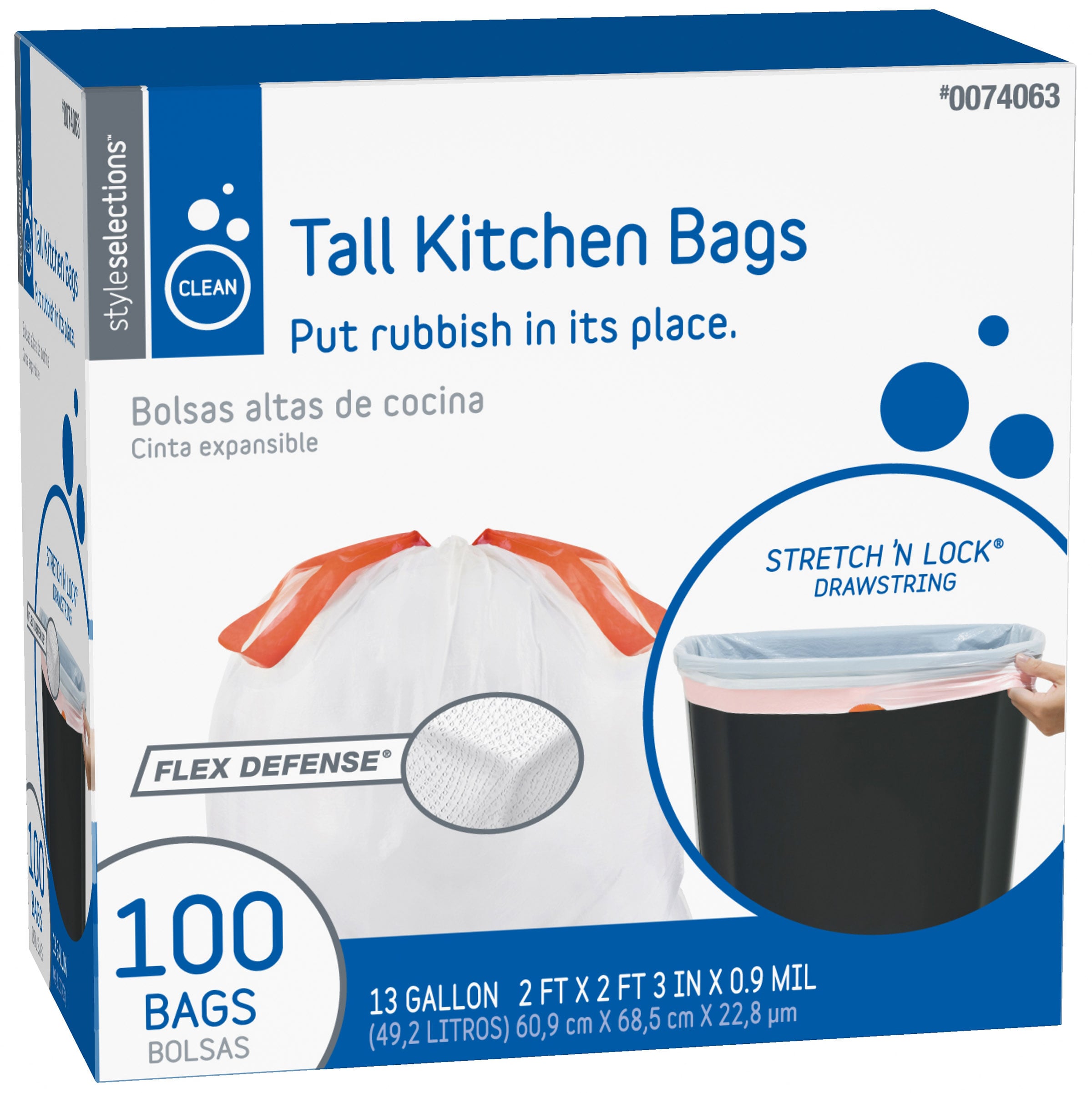 Bulk Tall Kitchen Drawstring Trash Bags - White, 13 Gallon, 0.9 Mil