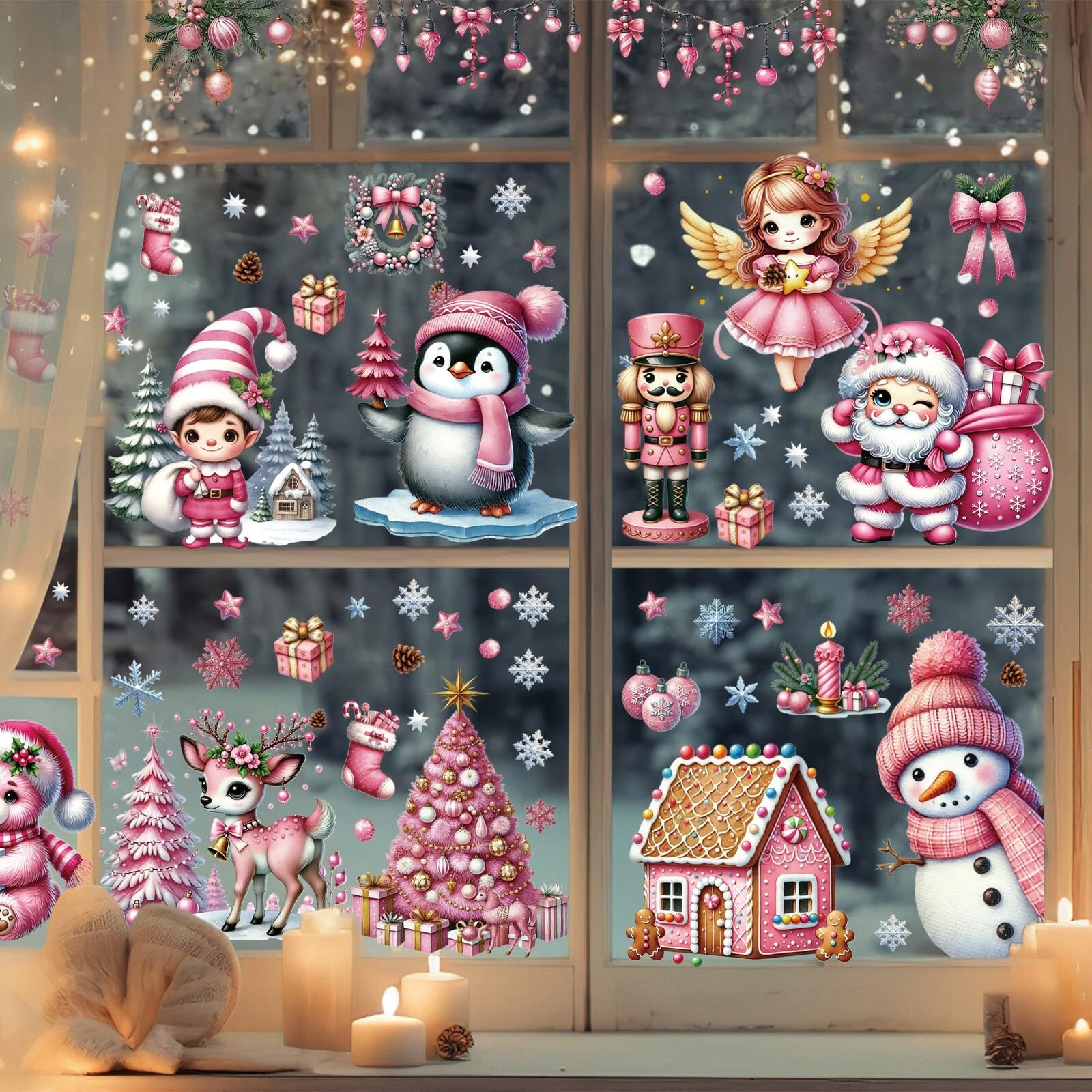 LAIFUCAM  120 pcs Christmas Window Clings 3D Static Decals Pink Angel Santa Reindeer Holiday Decorations for Home Office School 9 Sheet Set