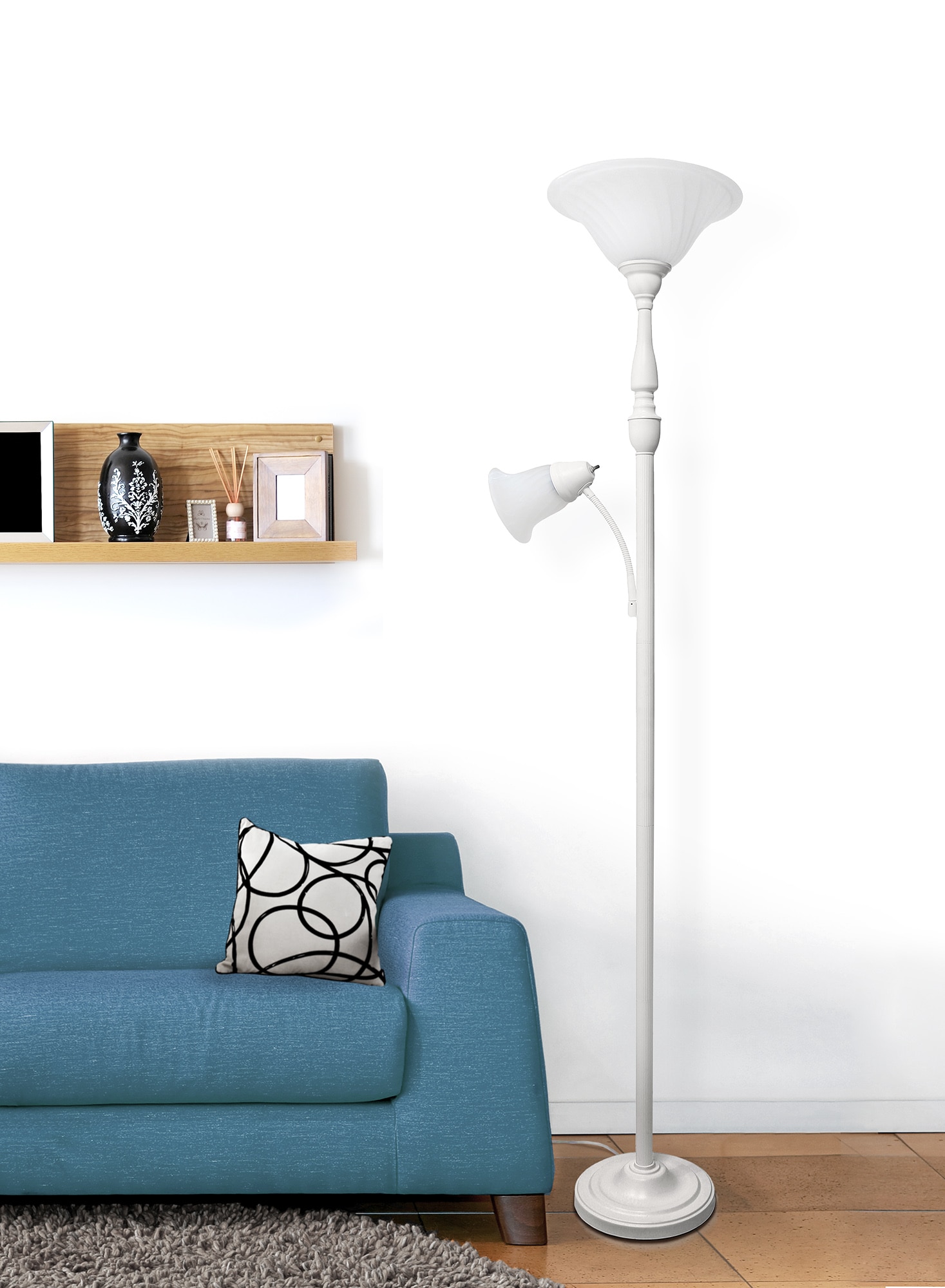 Elegant Designs LF2003-WHT 71-in White Torchiere with reading light Floor Lamp with Glass Shade
