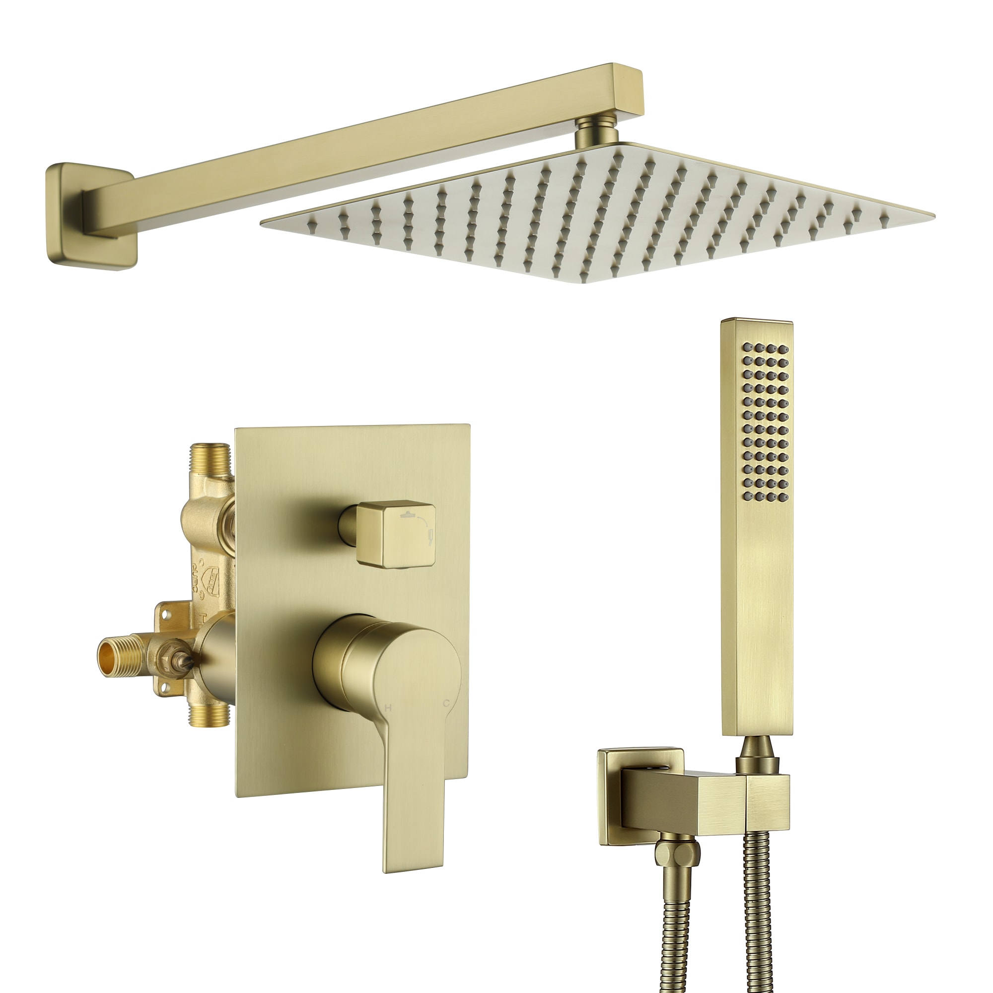 Mondawe MD-SMD04BG Brushed Gold 10-in Waterfall Dual Head Built-In Shower Faucet System with 2-way Diverter ( Pressure-balanced Valve Included )