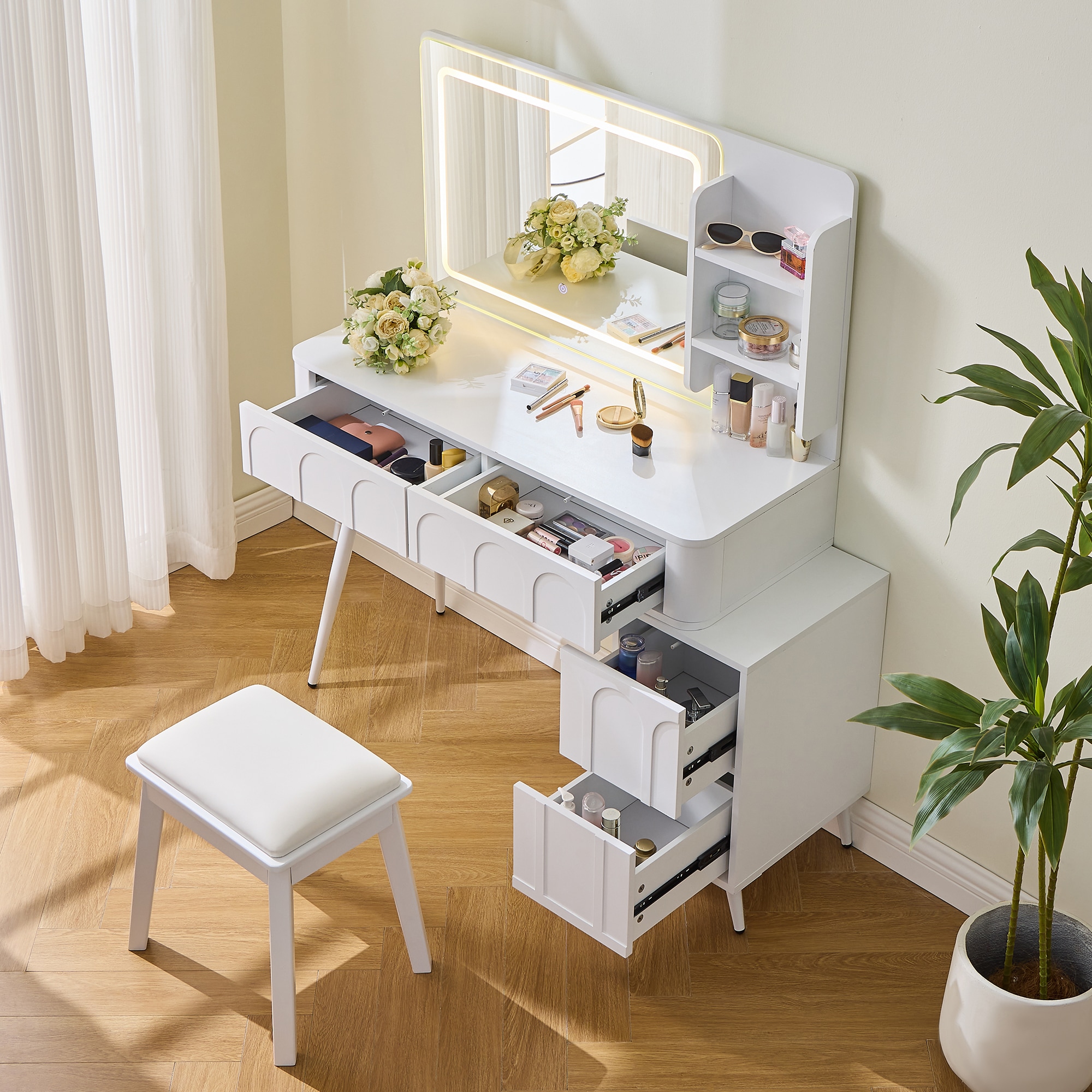 Tatayosi DJ2-P257529A White Fluted Vanity Desk with LED Mirror and Four Drawers Adjustable Storage Dressing Table Set with Stool