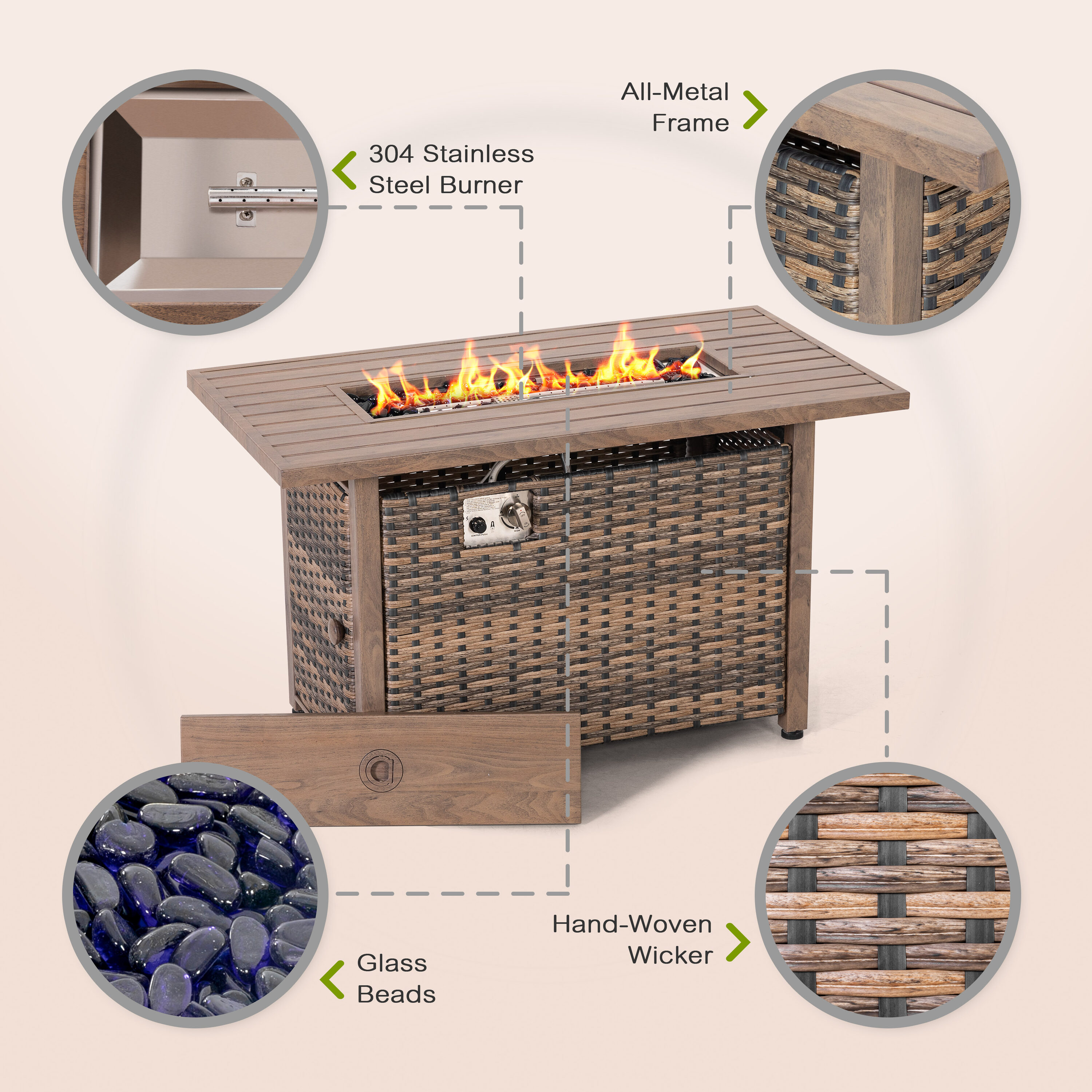Nuu Garden 43'' Brown Rattan Gas Fire Pit Table with Glass Beads