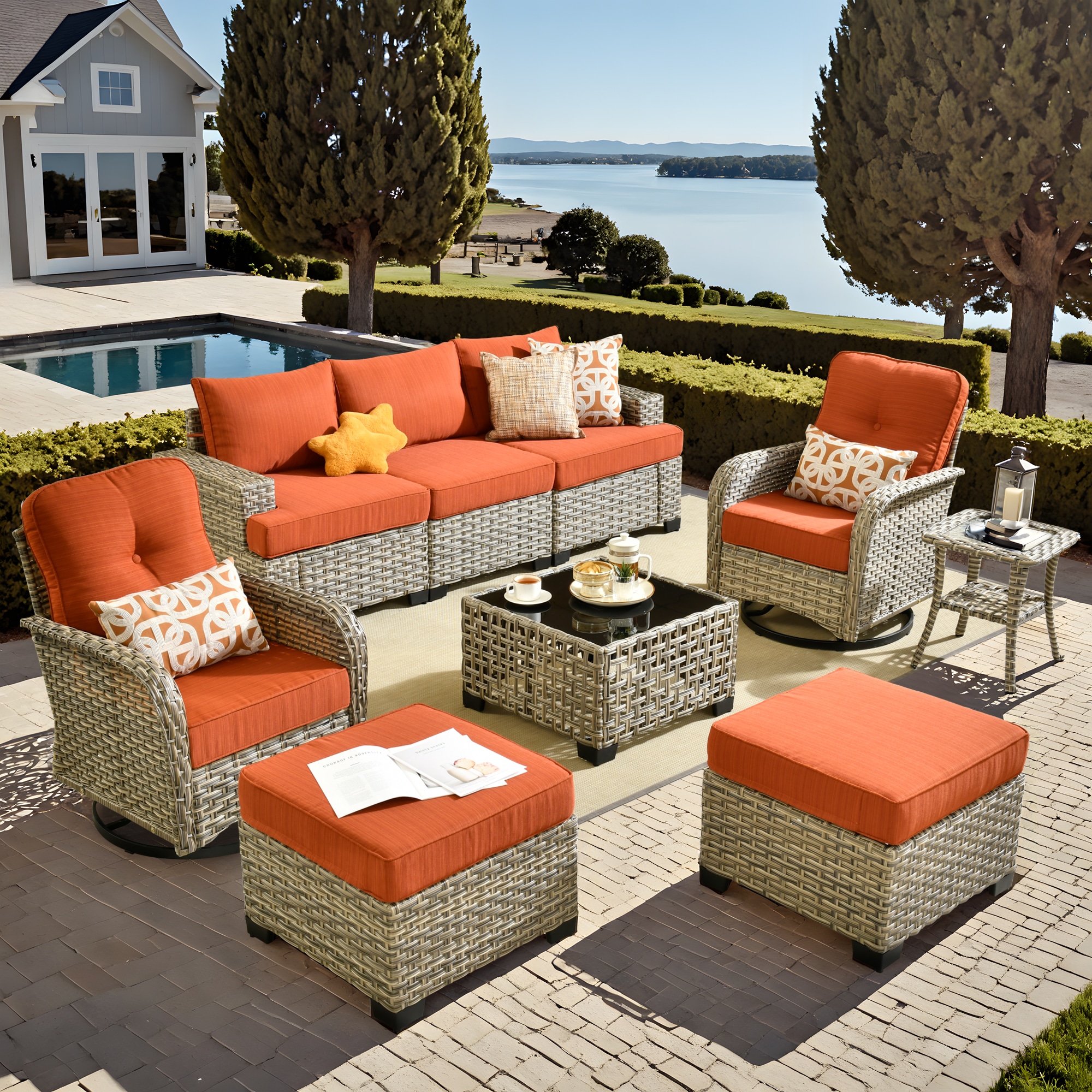 Pouuin SYZDAR806 7 -Piece Rattan Patio Sofa Conversation Set with Orange Cushions