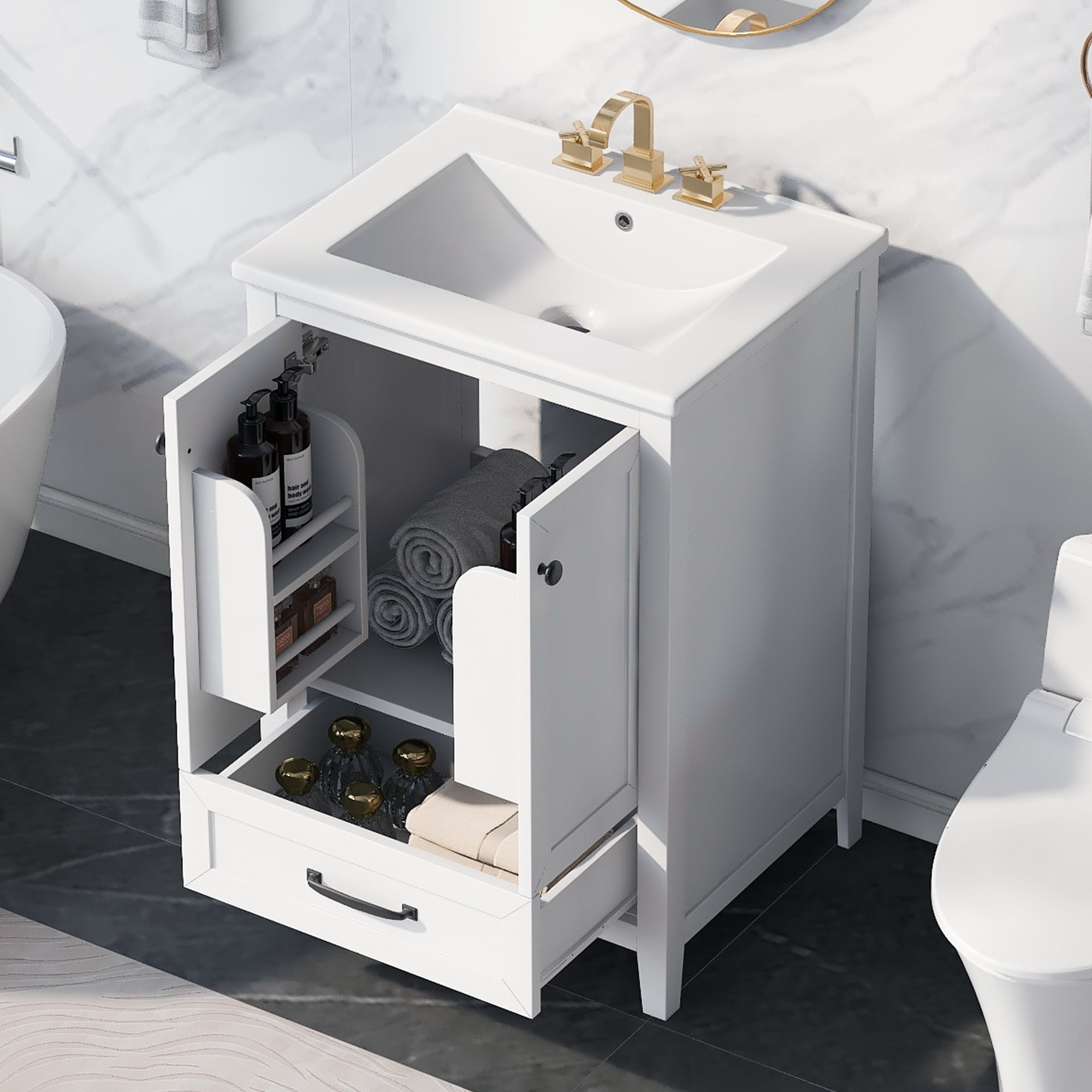 ModernLuxe L3P-N725P171407K 24inch Bathroom Vanity with Sink Bathroom Vanity Cabinet with One Drawer and Doors Solid Wood and MDF White