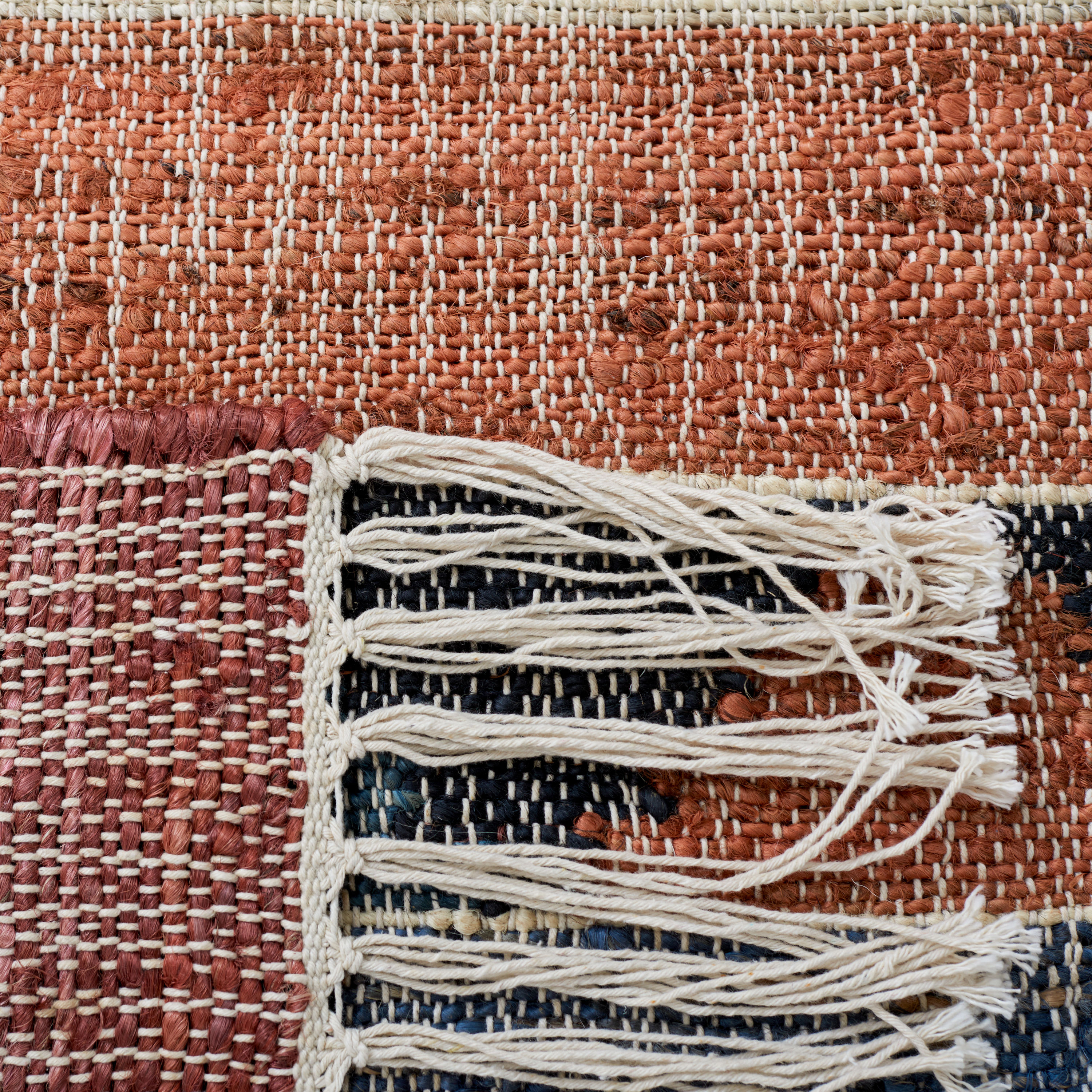 Blue and Rust Handmade Wool Cotton Kilim Rug, 5' x 8'