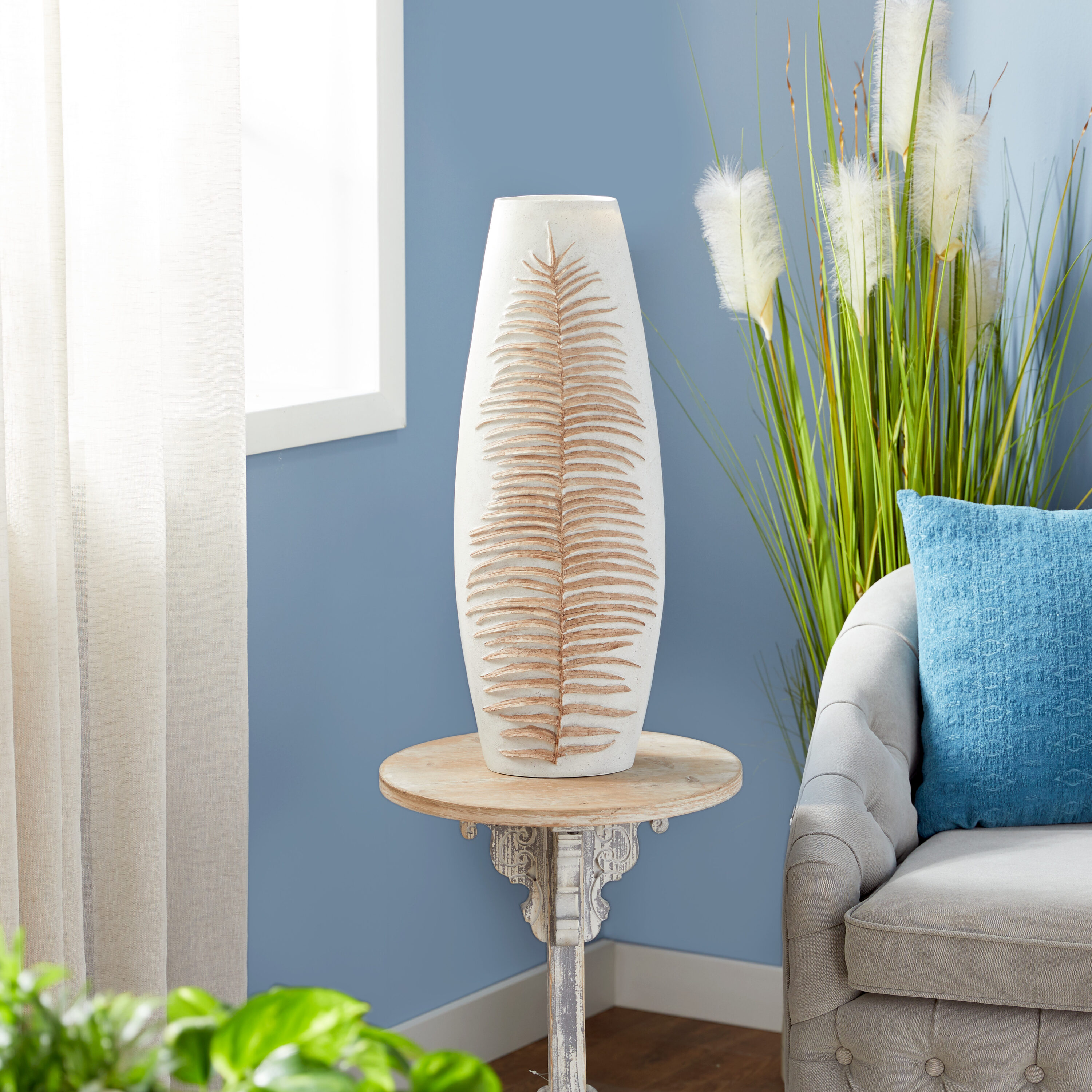 Bohemian White Leaf Polystone Floor Vase 9" x 25"