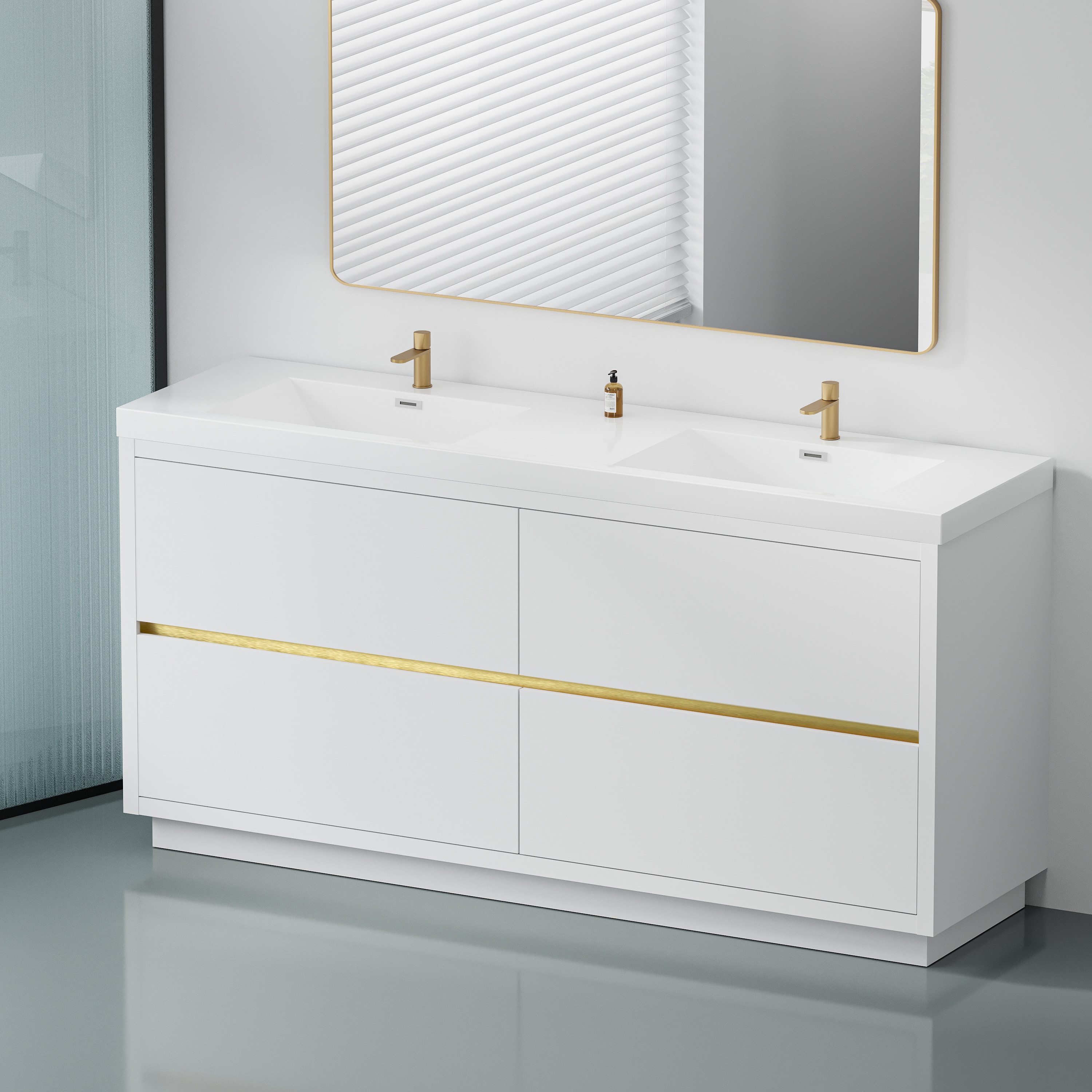 WELLFOR 72-in White Double Sink Bathroom Vanity with White Solid Surface Top
