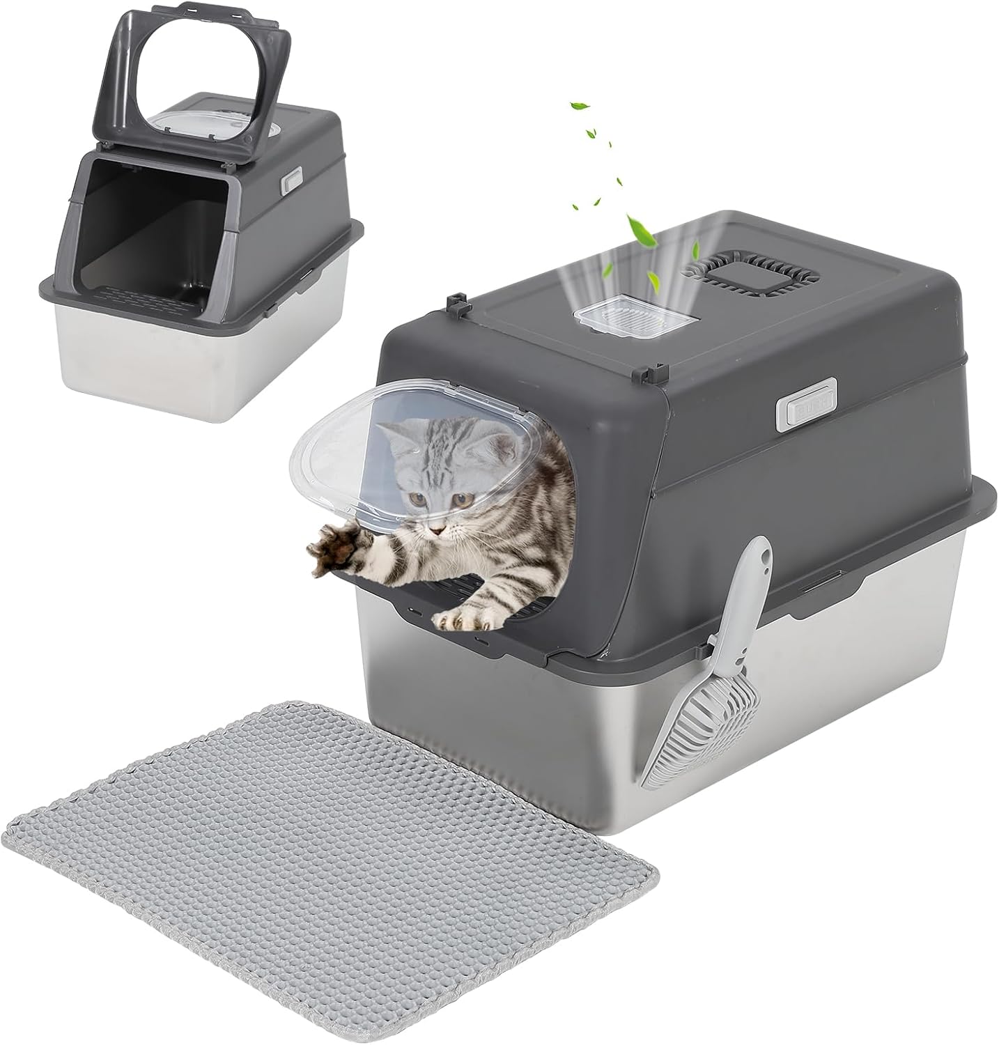 IdealHouse - Stainless Steel Cat Litter Box with Lid Enclosed High Sided Leak Proof Rustproof Met...