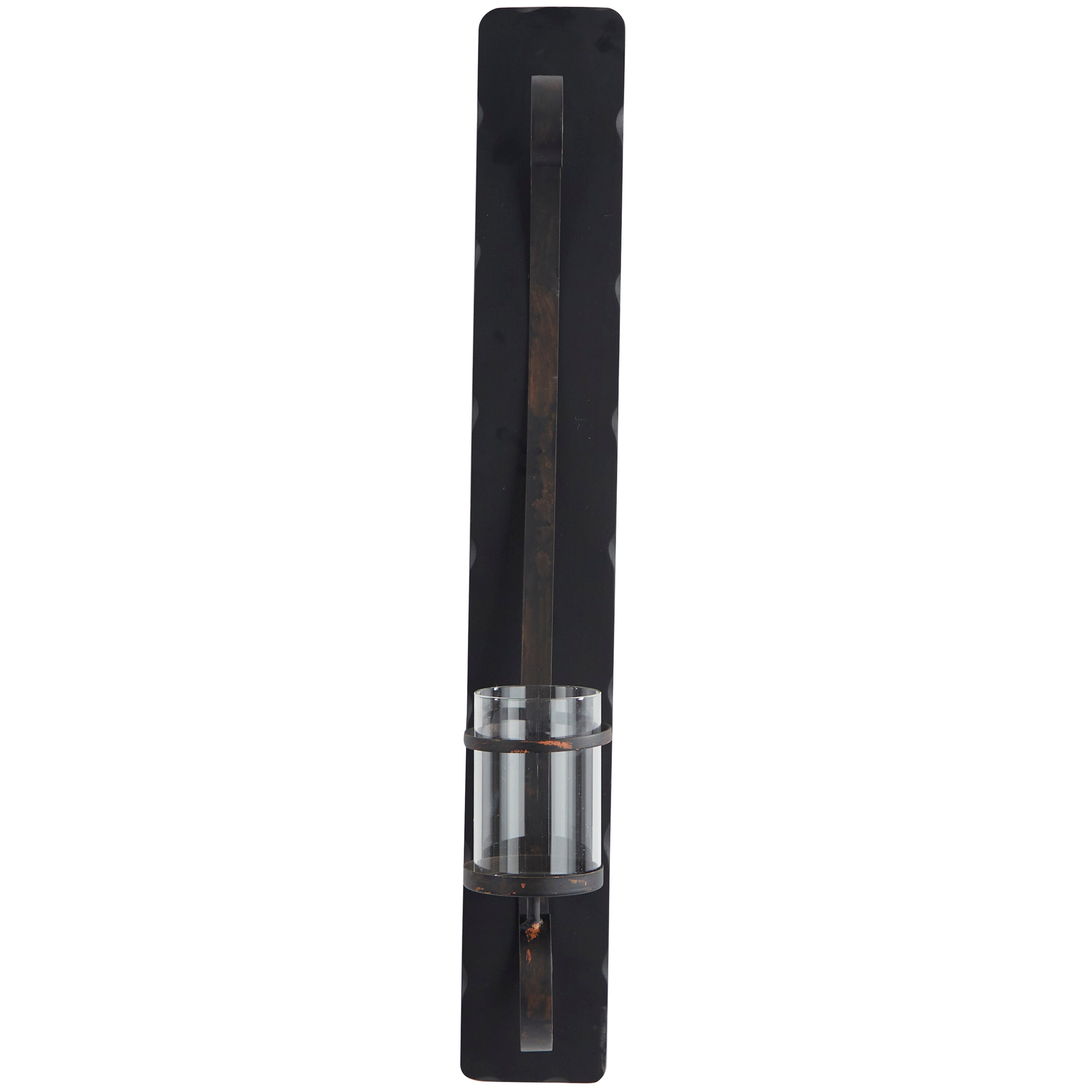 Black Metal and Wood Wall Sconce with Hurricane Glass
