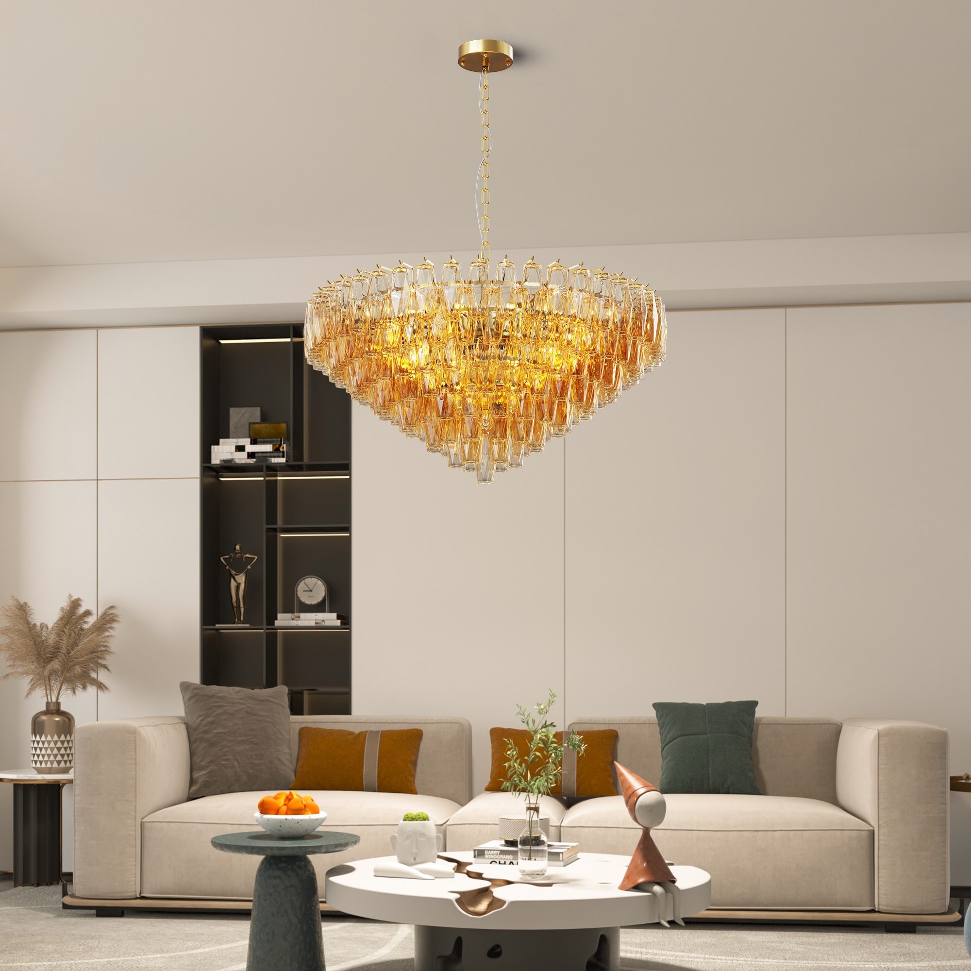 DORESshop 37 Inch Gold Modern Round Chandelier 14 Light Extra Large with Tiered Smoke Blown Glass Tubes Brushed Brass Frame Adjustable Hanging Light for Dining Room Living Room Foyer