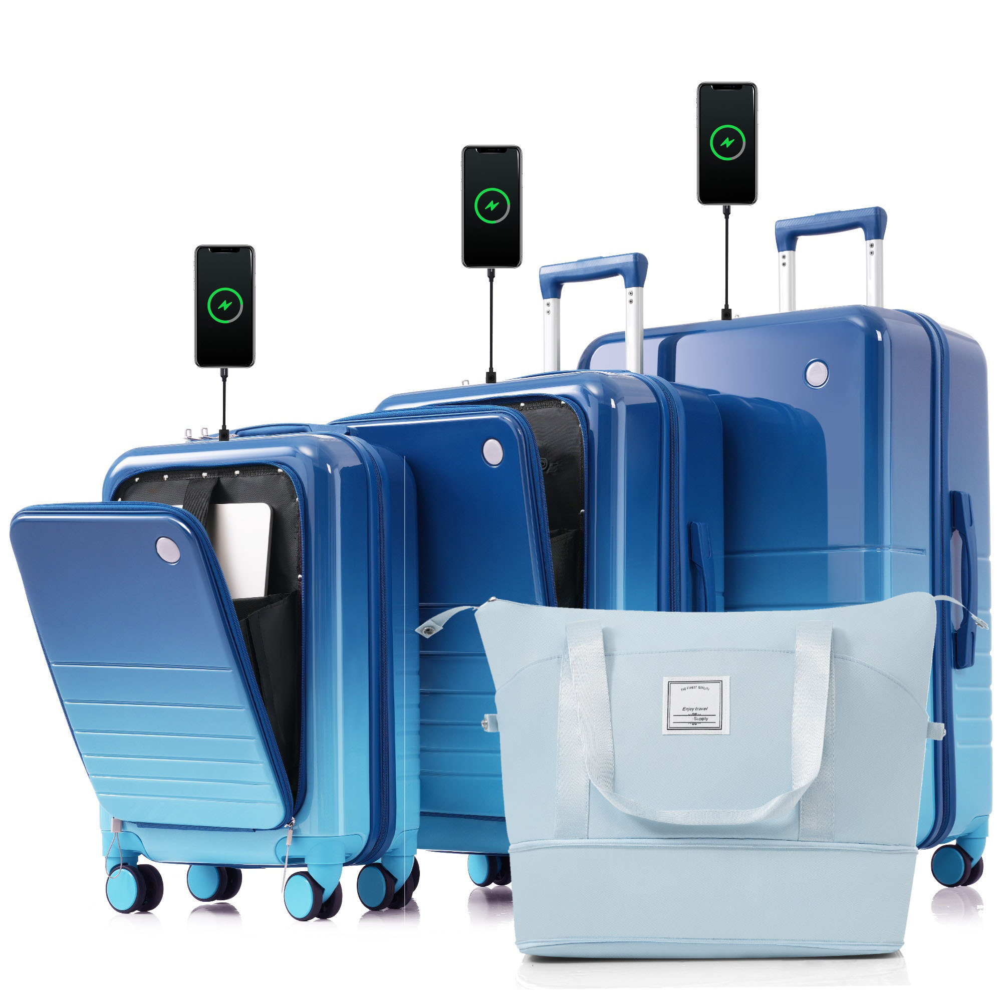 Bybafun YD9600010 25.9x17.7x12 IN Blue Plastic Hardshell Suitcase set 4 -Bag