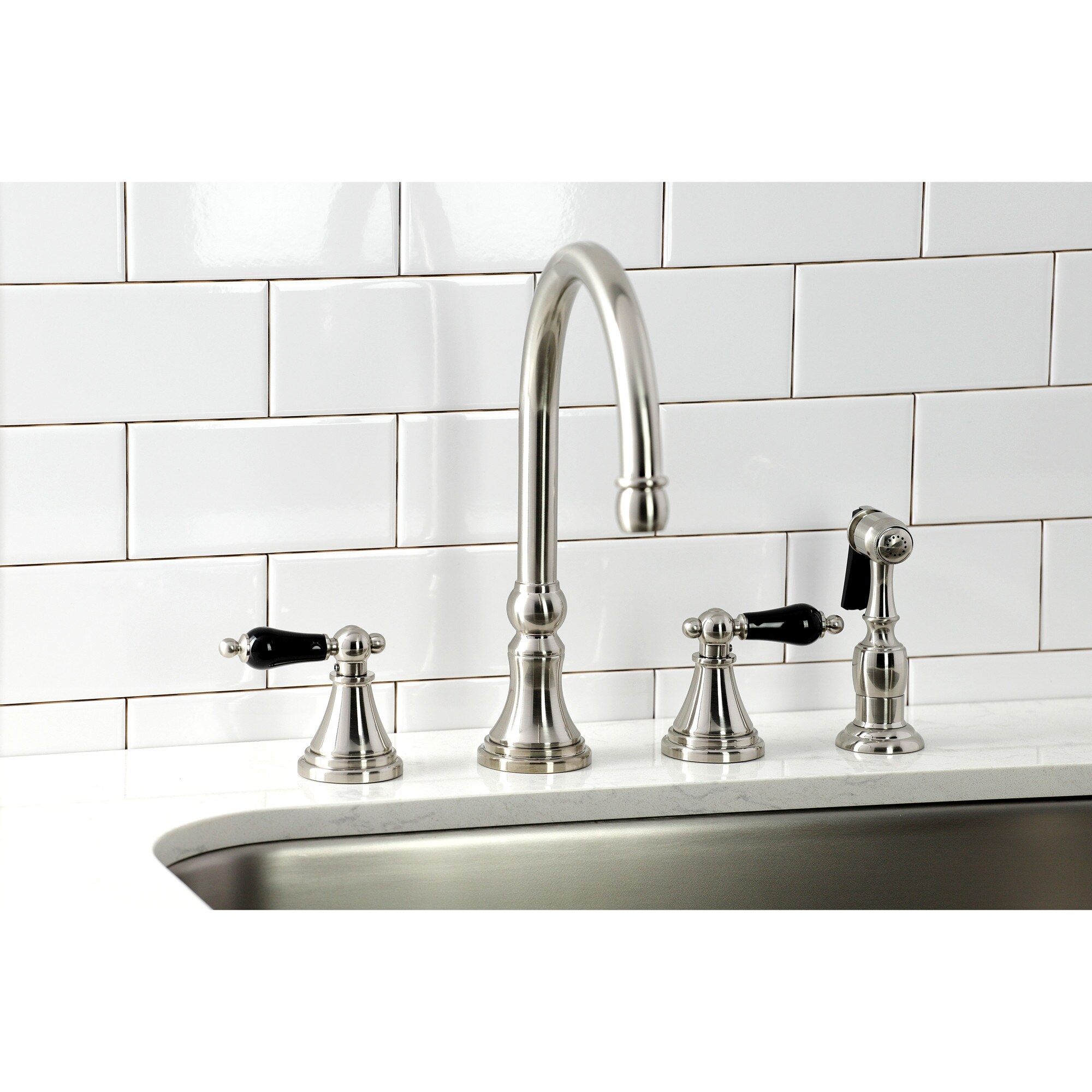 Kingston Brass WLKS2798PKLBS Duchess Brushed nickel Double Handle Deck-mount Kitchen Faucet with Sprayer ( Side Sprayer Included )