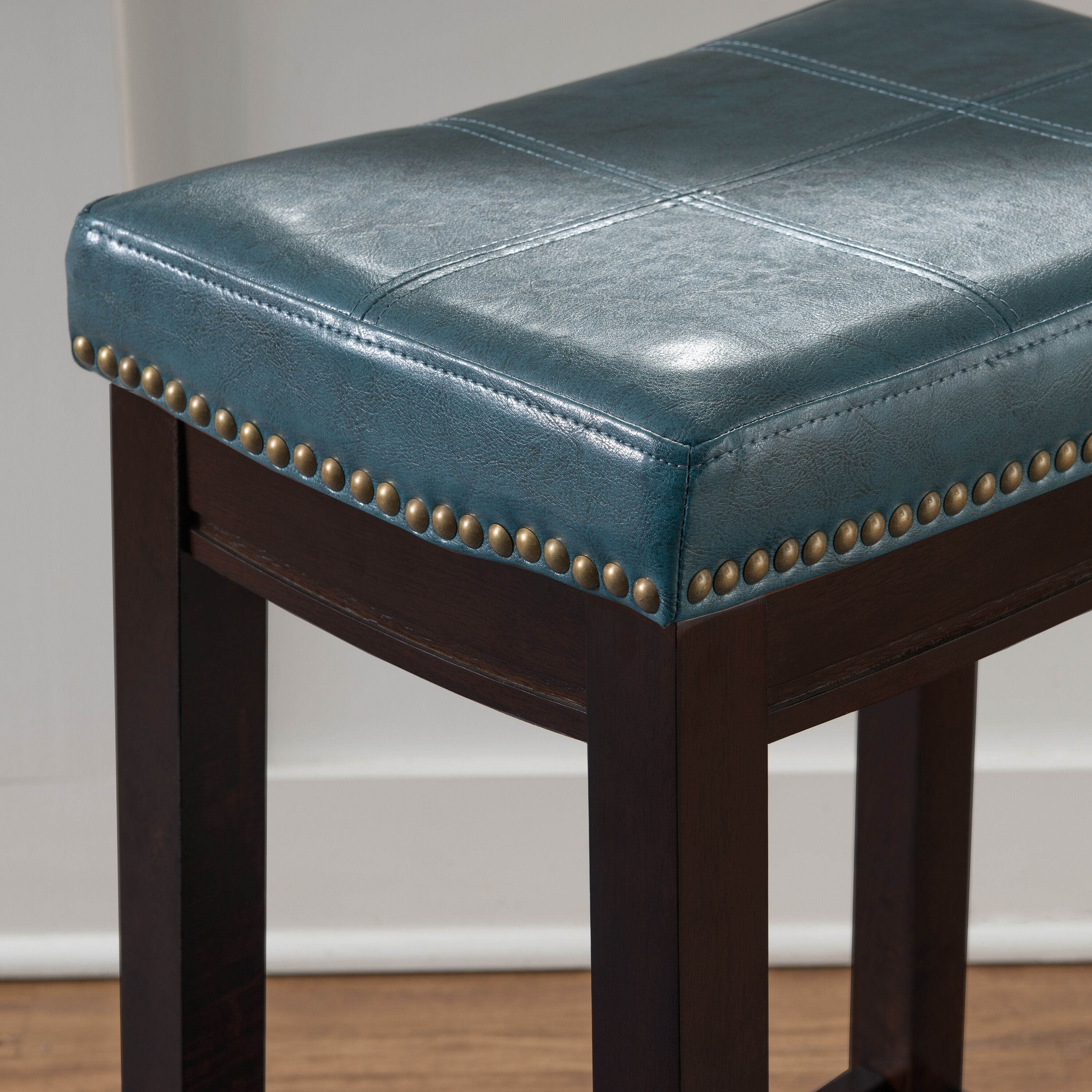 Claridge Dark Brown Wood and Blue Leather 26" Backless Counter Stool