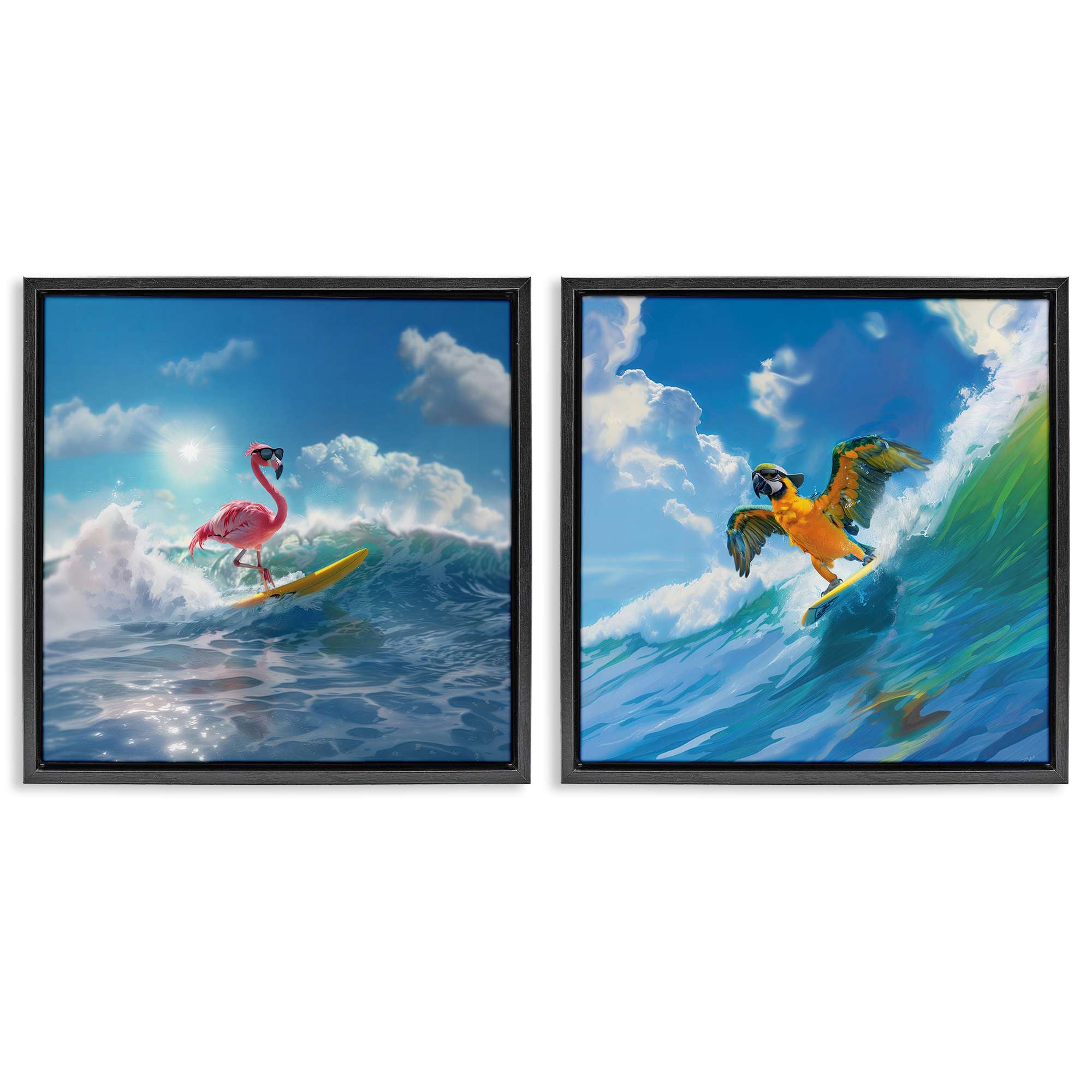 Stupell Industries B2-812-FFB-2PC-24X24 Tropical Surfing Birds 2 Piece Black Framed Floater Canvas Set By Jim Baldwin 25 x 25