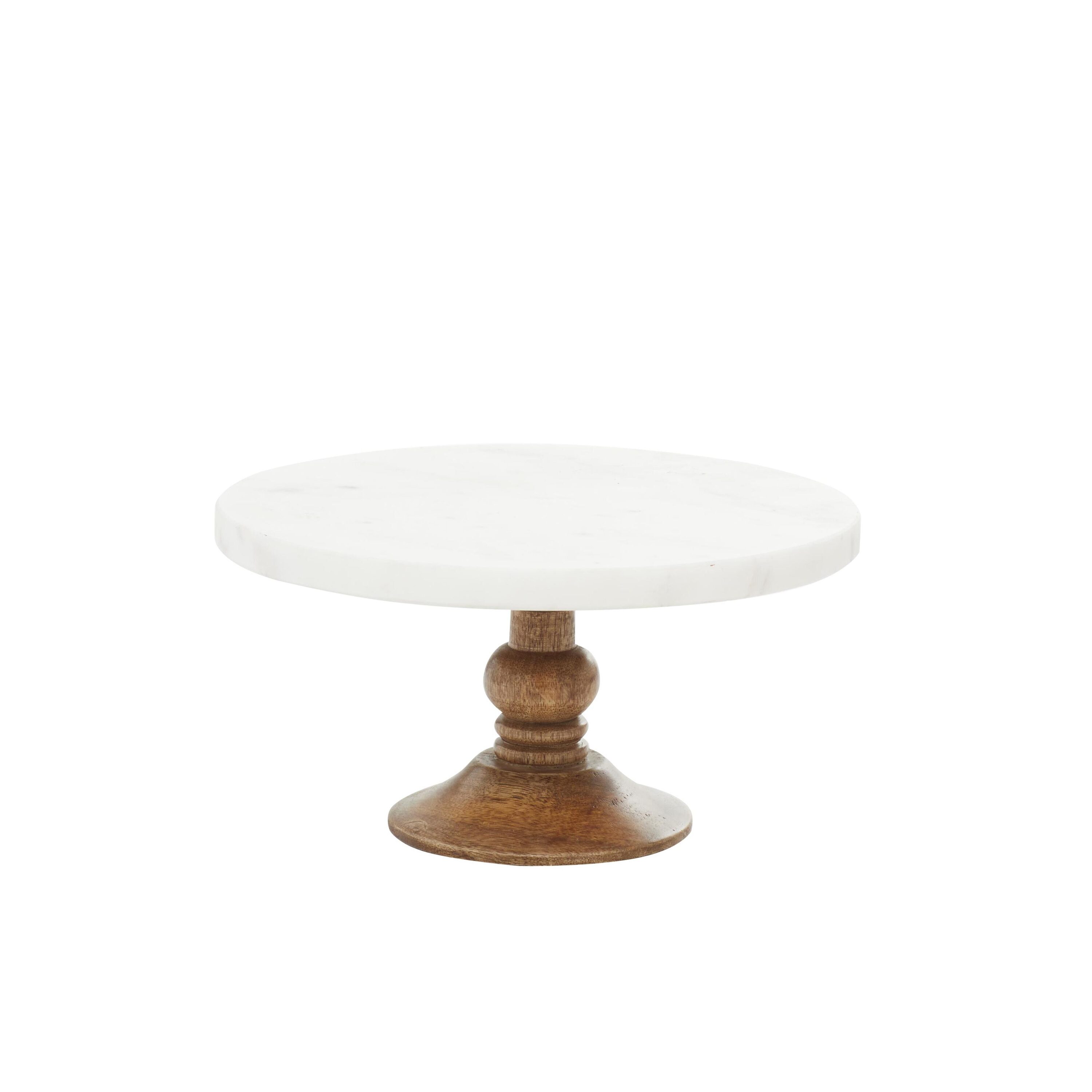 White Marble and Brown Wood Cake Stand, 10" x 5"