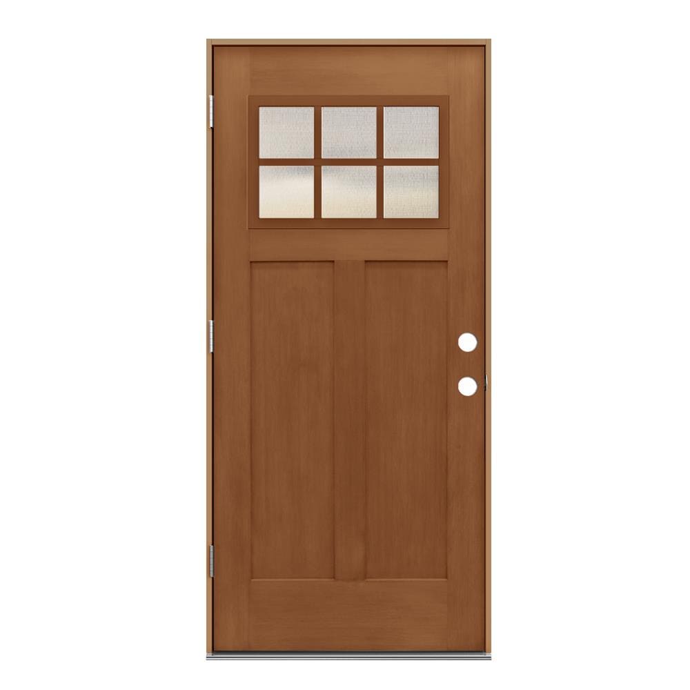 JELD-WEN LOWOLJW232200003 36-in x 80-in x 4-9/16-in Fiberglass Craftsman Right-hand outswing Hazelnut Stained Prehung Front Door Insulating core
