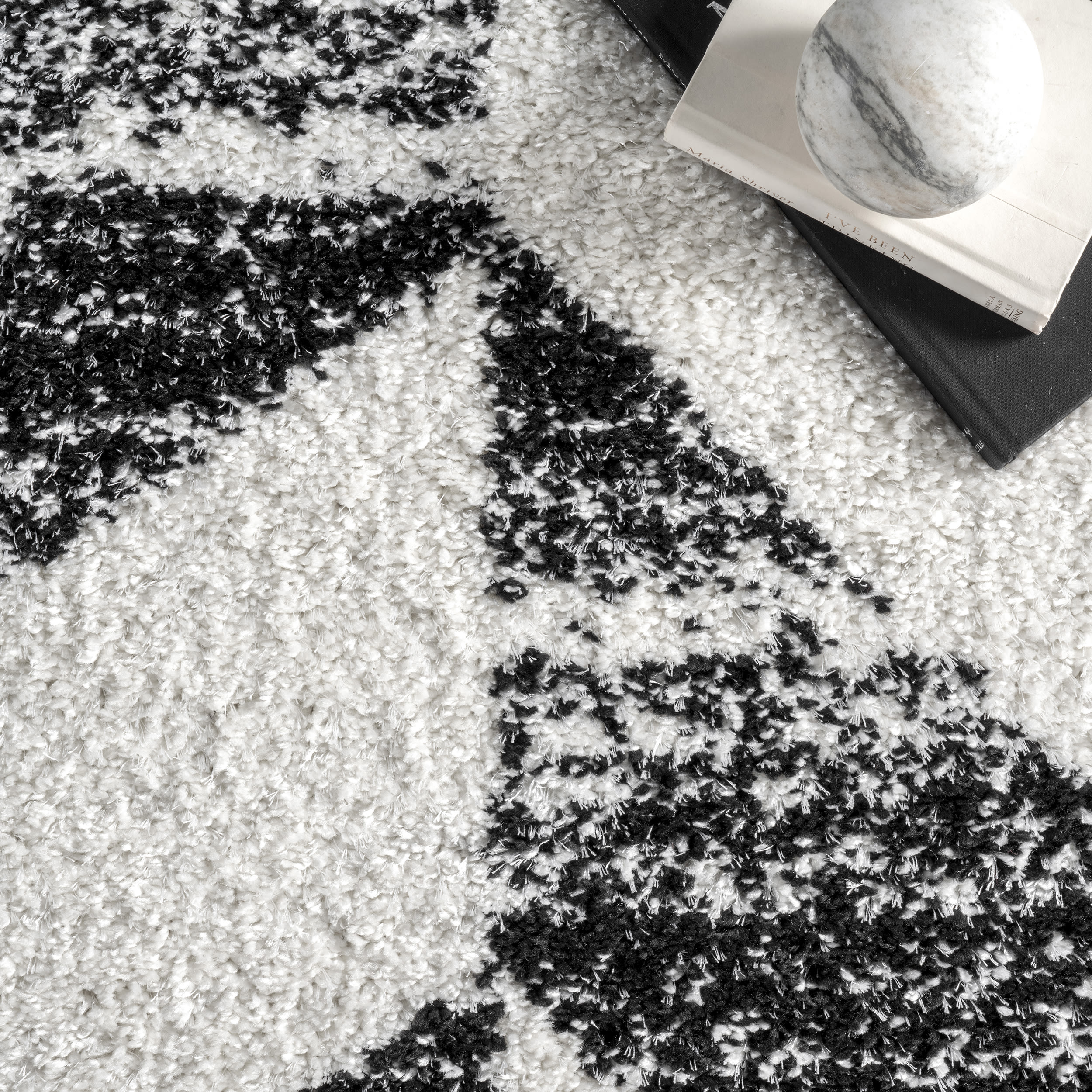 Elysian Herringbone 9' x 12' Black and White Shag Area Rug