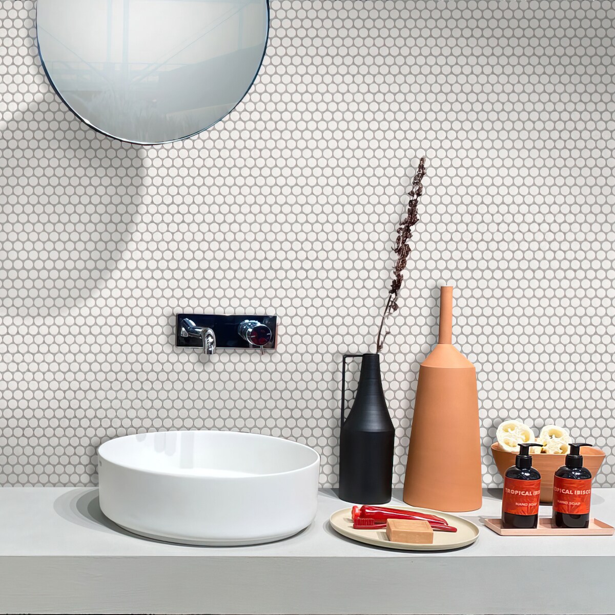 Apollo Tile Cirkel Pearl White 12-in x 12-in Matte Porcelain Penny Round Patterned Floor and Wall Tile (9.87-sq. ft/ Carton)