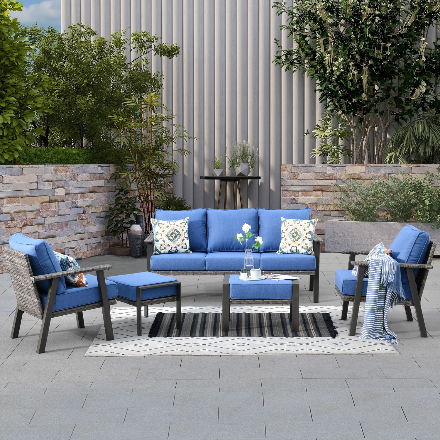 XIZZI Aquarius 5-Piece Wicker Patio Conversation Set with Blue Cushions