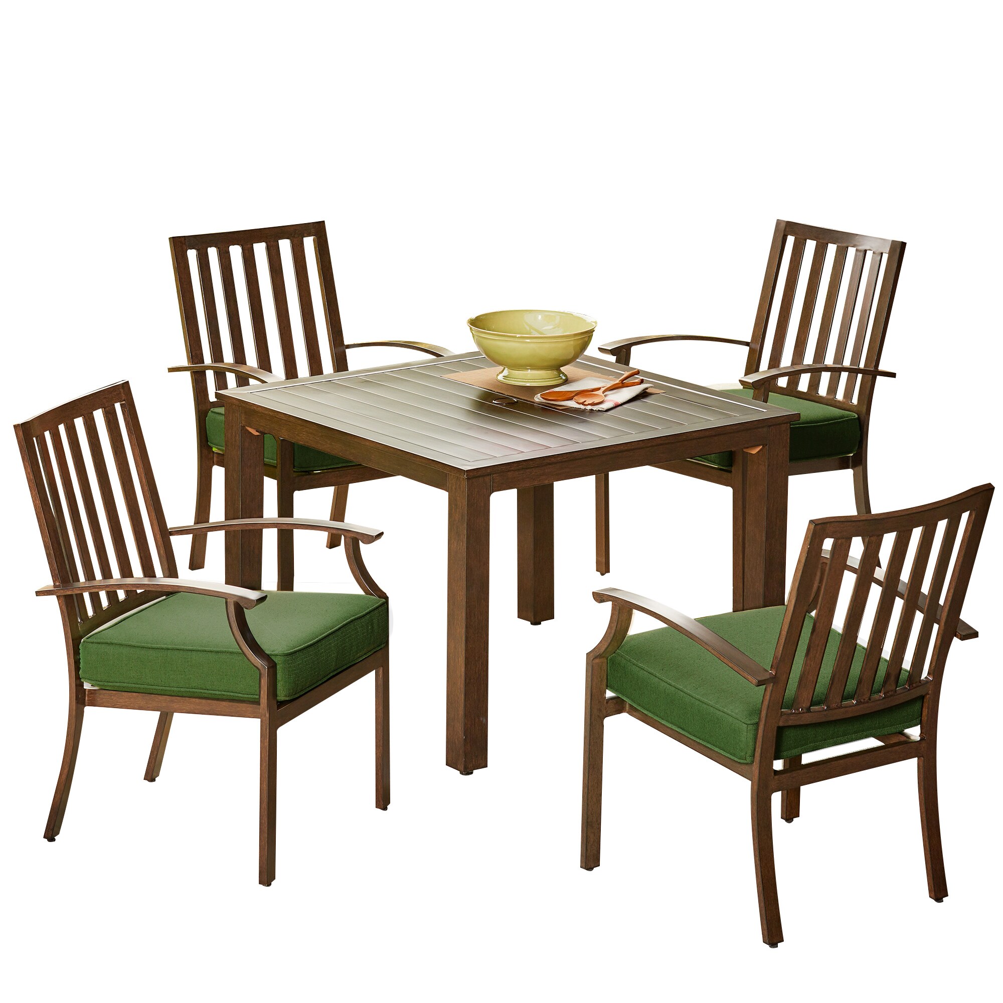 Royal Garden LAKDST512 Forest Glen 5 -Piece Brown Woodgrain Patio Dining Set Aluminum Square Table with 4 Green Cushions Stationary Chairs