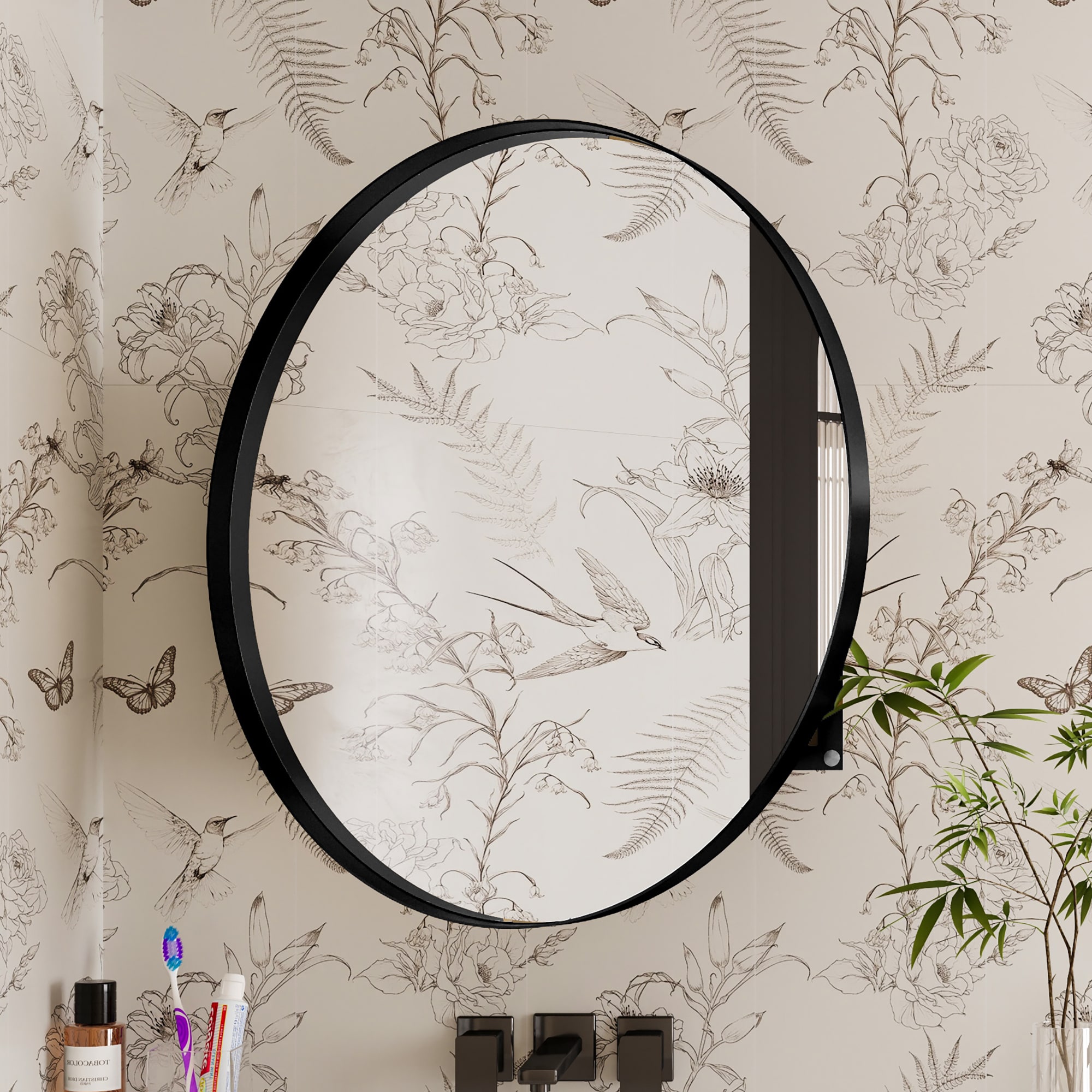 Forclover FSC-W1435P194674 31.5-in x 31.5-in Surface Mount Black Mirrored Round Soft Close Medicine Cabinet