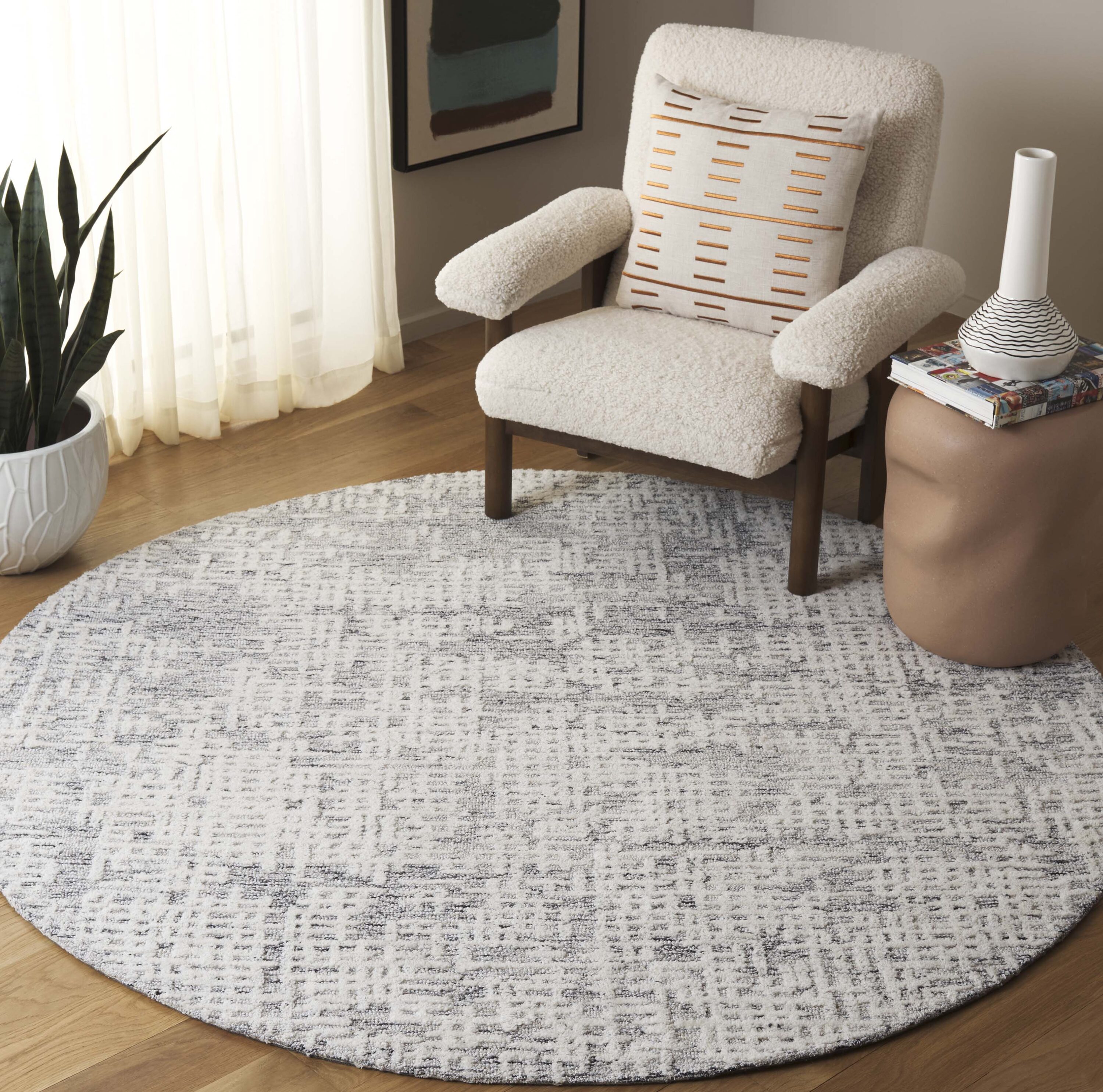  Ebony 216 Ivory/Gray Contemporary 6ft x 6ft Round Rug
