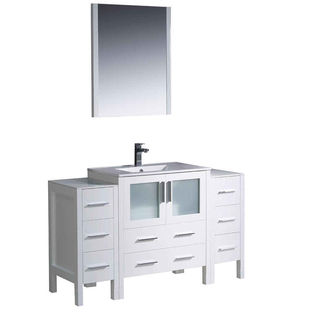 Fresca FVN62-123012WH-UNS Bari 54-in White Single sink Bathroom Vanity with White Ceramic Top (Mirror Included)