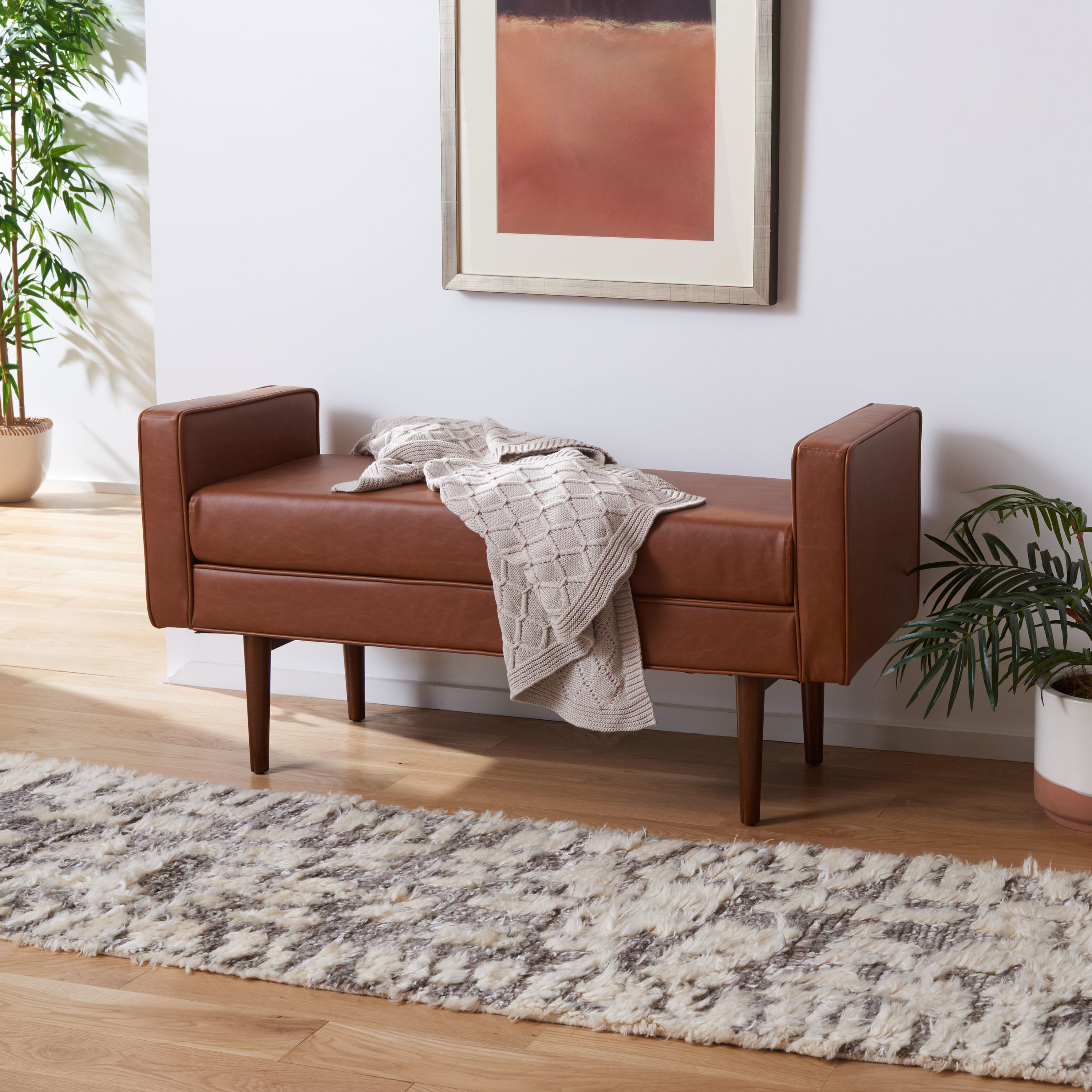 Henri Mid-Century Light Brown PU Leather Bench with Walnut Legs
