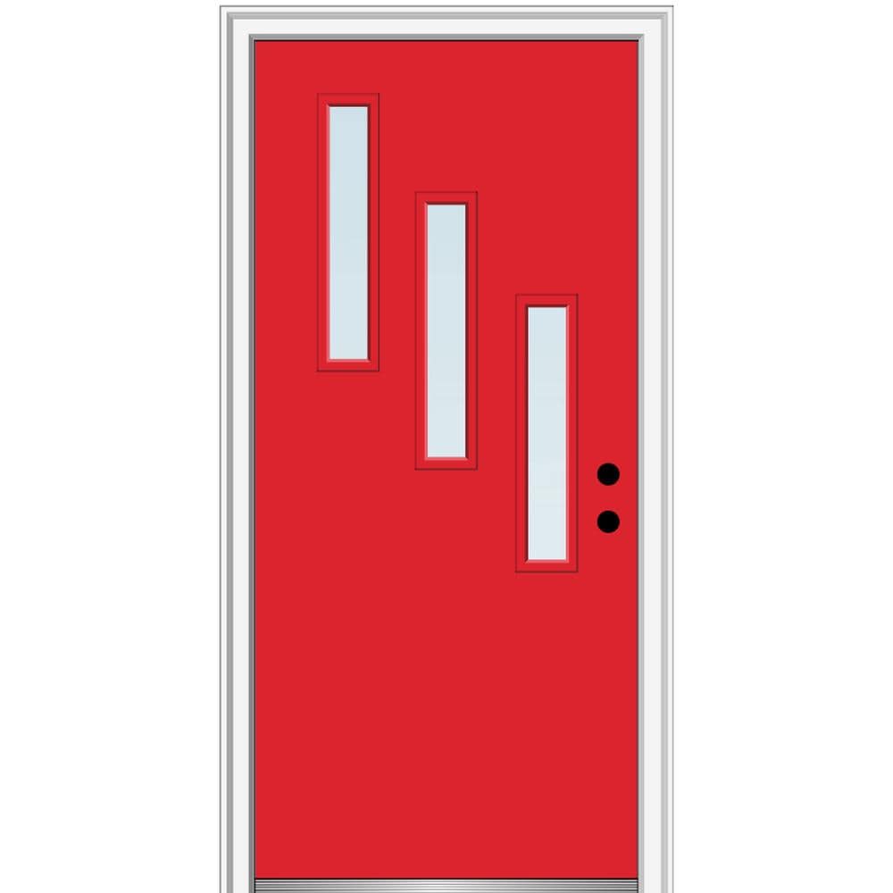 MMI DOOR ZZ346605L Spotlights 32-in x 80-in x 4-9/16-in Fiberglass Pulse lite Left-hand inswing Red Saffron Painted Prehung Front Door with Brickmould Insulating core
