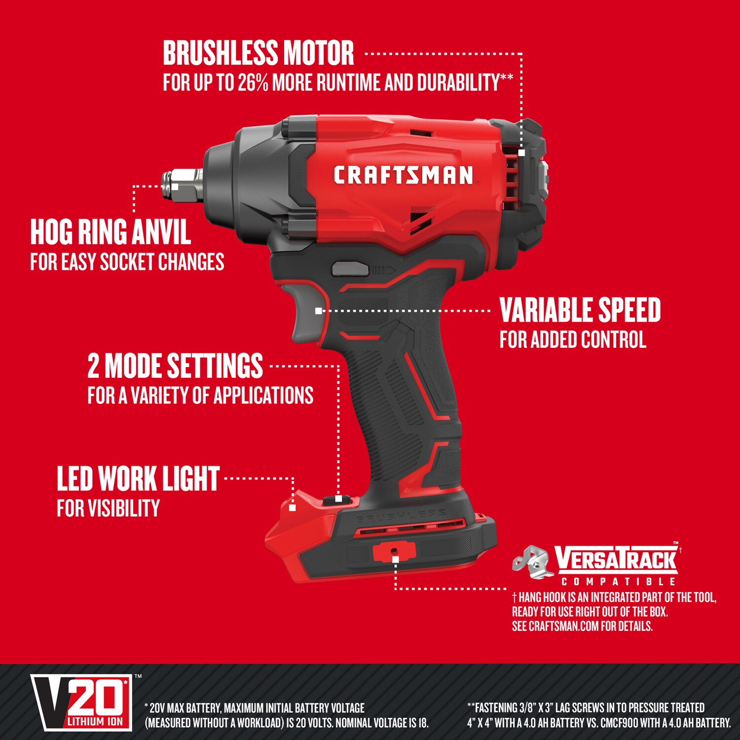 CRAFTSMAN V20 20-volt Max Variable Speed Brushless 1/2-in Drive Cordless  Impact Wrench (Bare Tool) in the Impact Wrenches department at