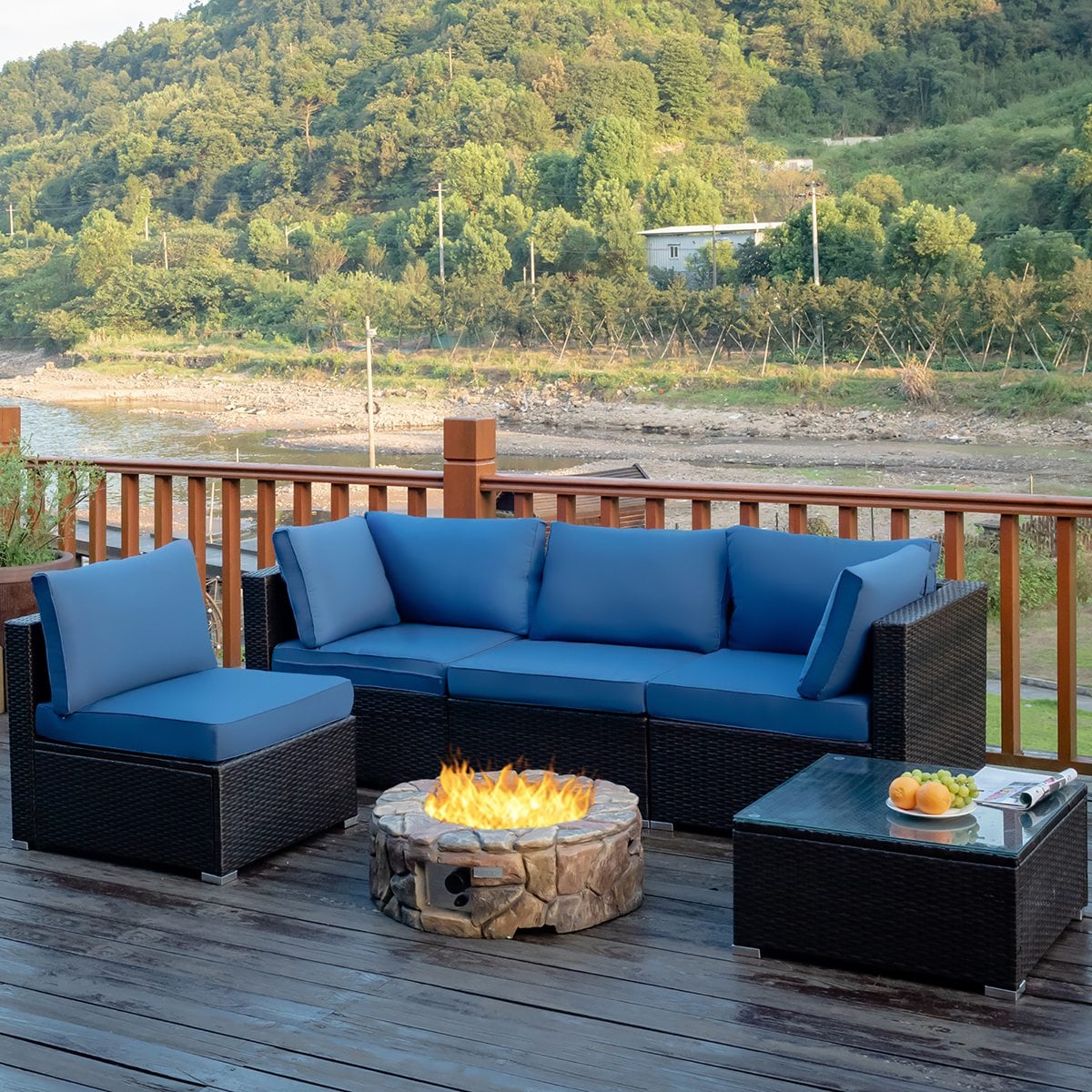 Costway HW67243NY 5PCS Patio Rattan Furniture Set Cushioned Sofa Chair w/Coffee Table Navy