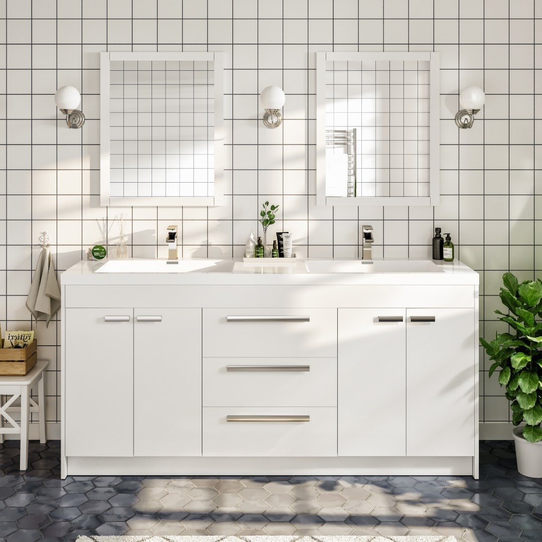 Eviva EVVN1700-8-72WH Lugano 72-in White Double sink Bathroom Vanity with White Acrylic Top