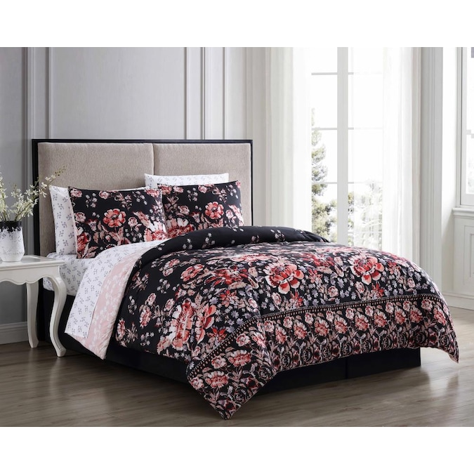 Geneva Home Fashion Leni Floral 8-Piece Black/Rust Queen Comforter Set ...