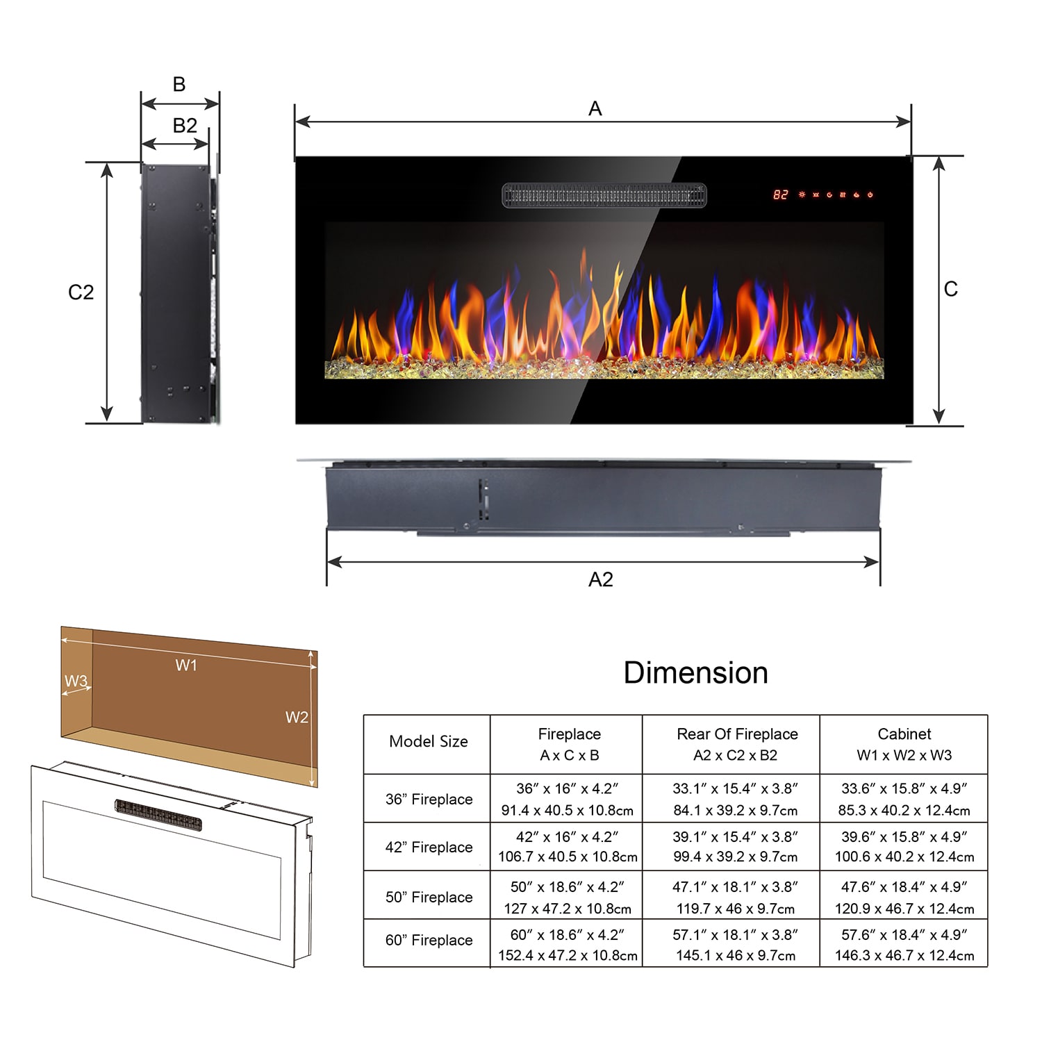 Bybafun 60-in Black Electric Fireplace Insert YC0700017 Sansujyuku sansujyuku.com