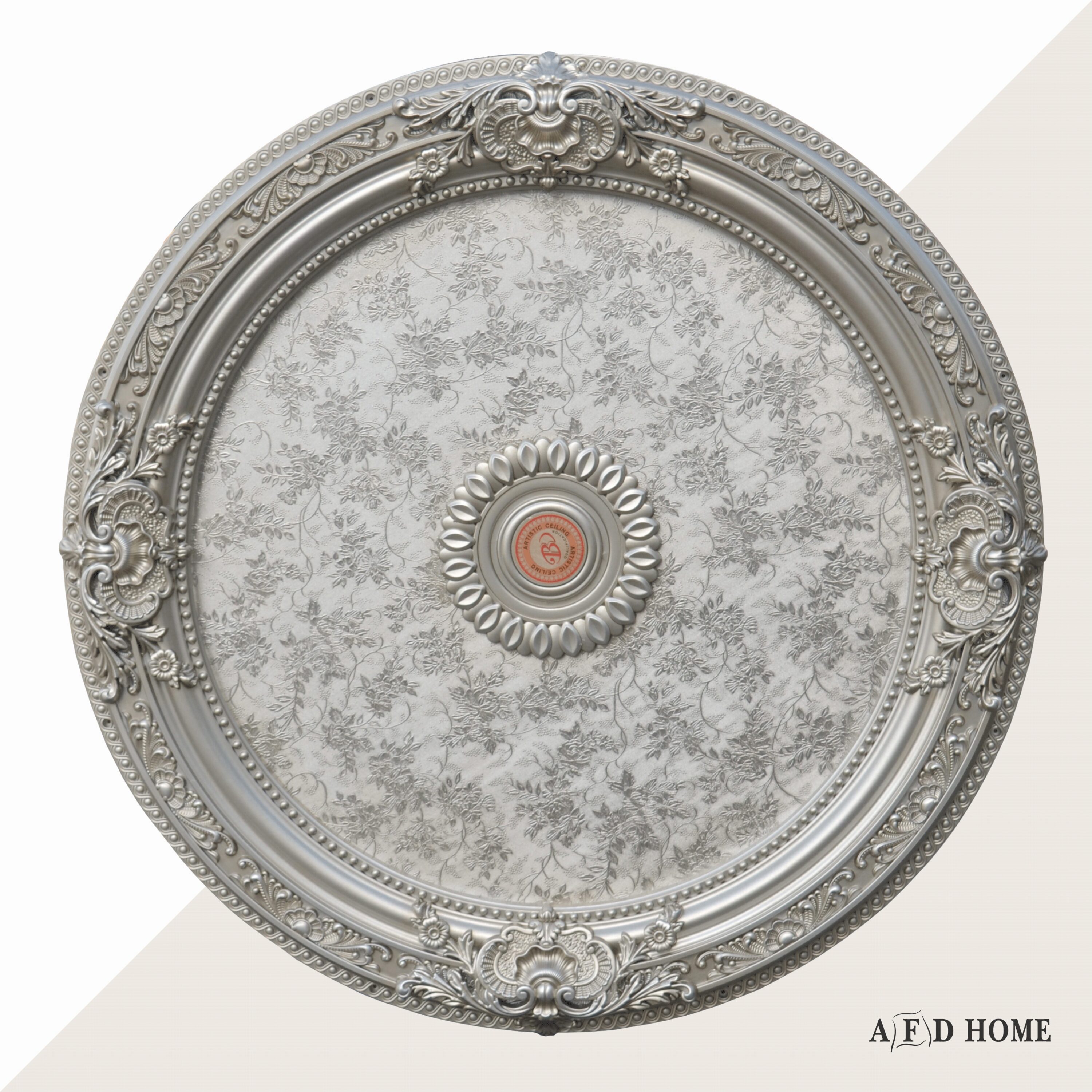 Antique Silver Round Chandelier Ceiling Medallion with Floral Design, 36 Inches
