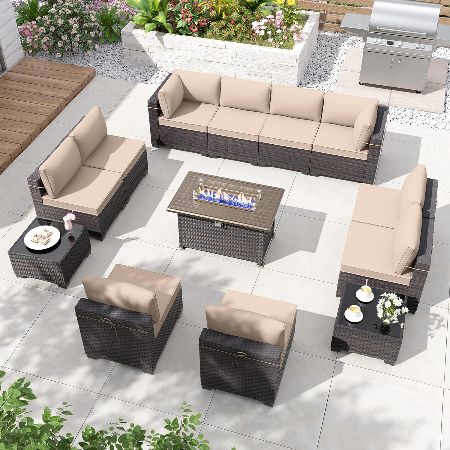 ALAULM LS-2A2BC+1-SAND 13-Piece Rattan Patio Conversation Set with Yellow Cushions