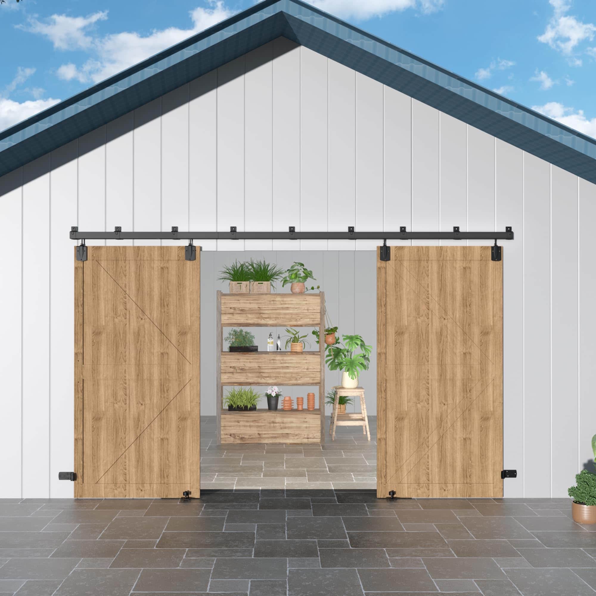CYIKE  16FT Heavy Duty Box Rail Exterior Barn Door Hardware Kit Sliding Door Hardware Outdoor Barn Door Hardware Kit for Two Doors Black