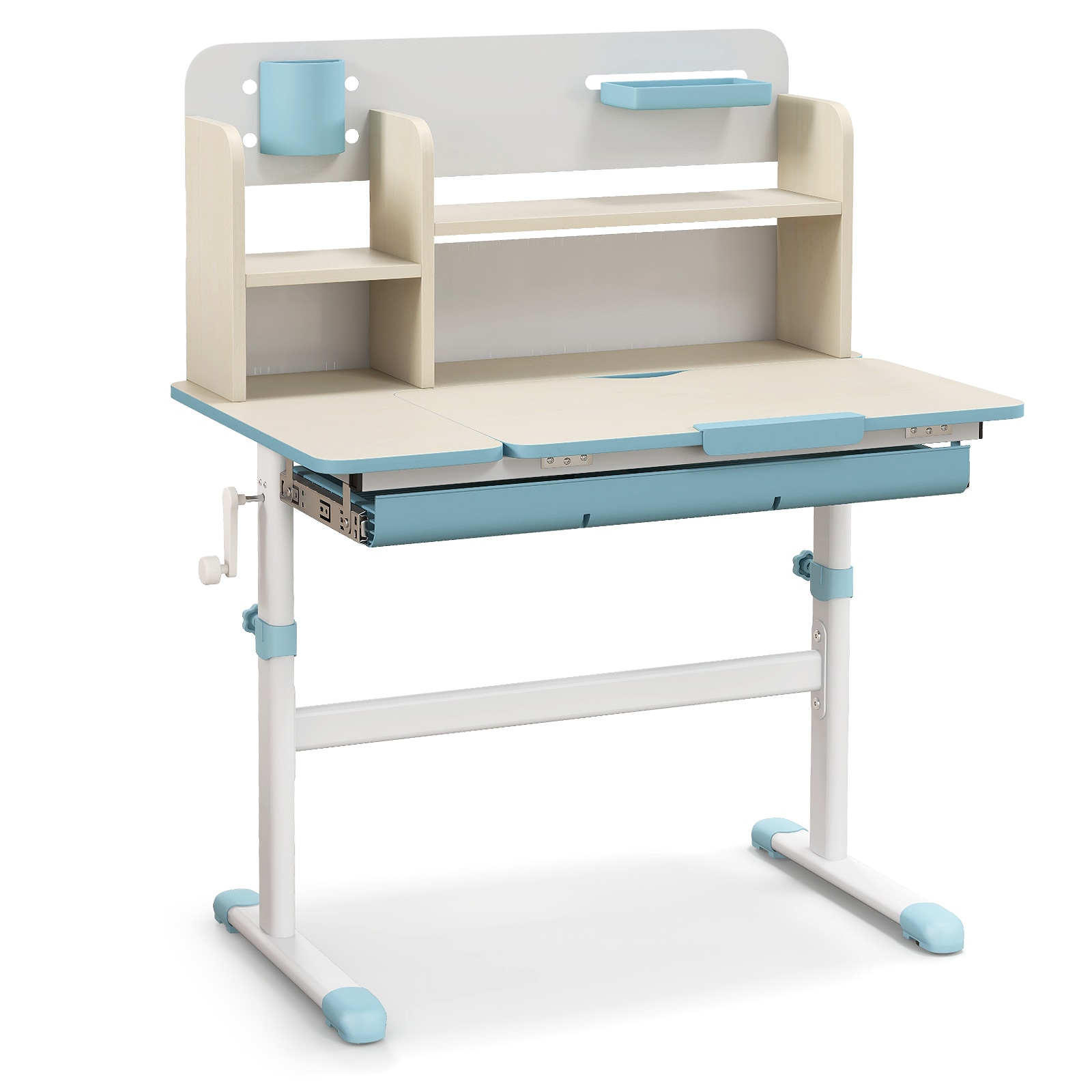 Slickblue D-CO-LB58201YH 31.5 Inch Blue Height Adjustable Kids Study Desk with Tiltable Desktop Drawer and Open Shelves MDF Metal Frame With Hutch No Chair