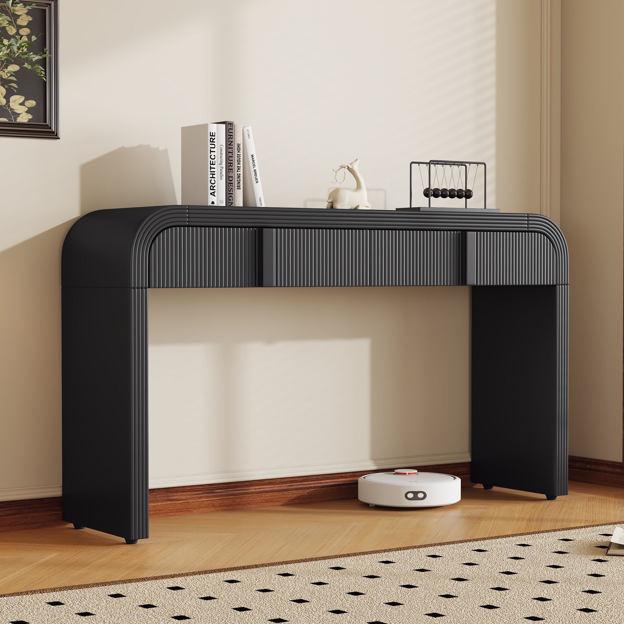 ModernLuxe N715P196580B Modern Console Table with 2 Storage Drawers Fluted Entryway Table with Rounded Silhouette for Hallway Living Room and Entryway Black