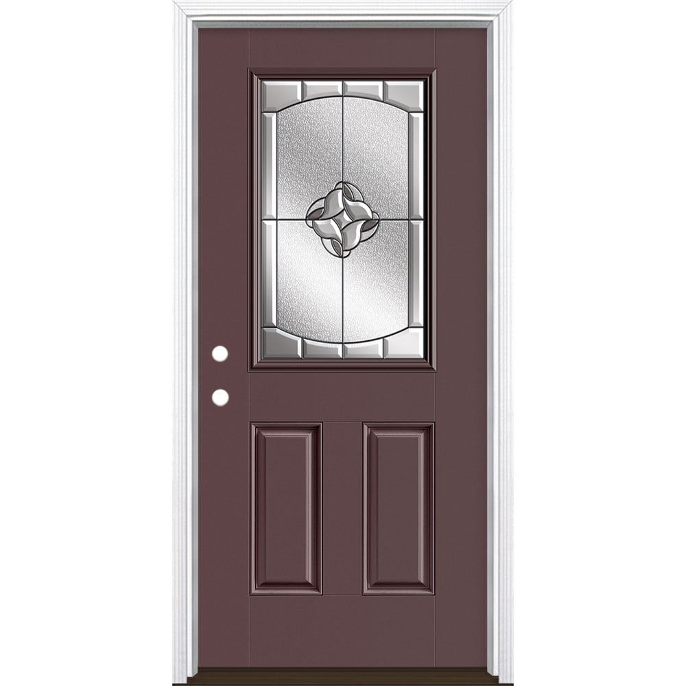 Masonite 3423156 Rozet 36-in x 80-in x 4-9/16-in Fiberglass Half lite Right-hand inswing Currant Painted Prehung Single door Front Door with Brickmould Insulating core Decorative glass