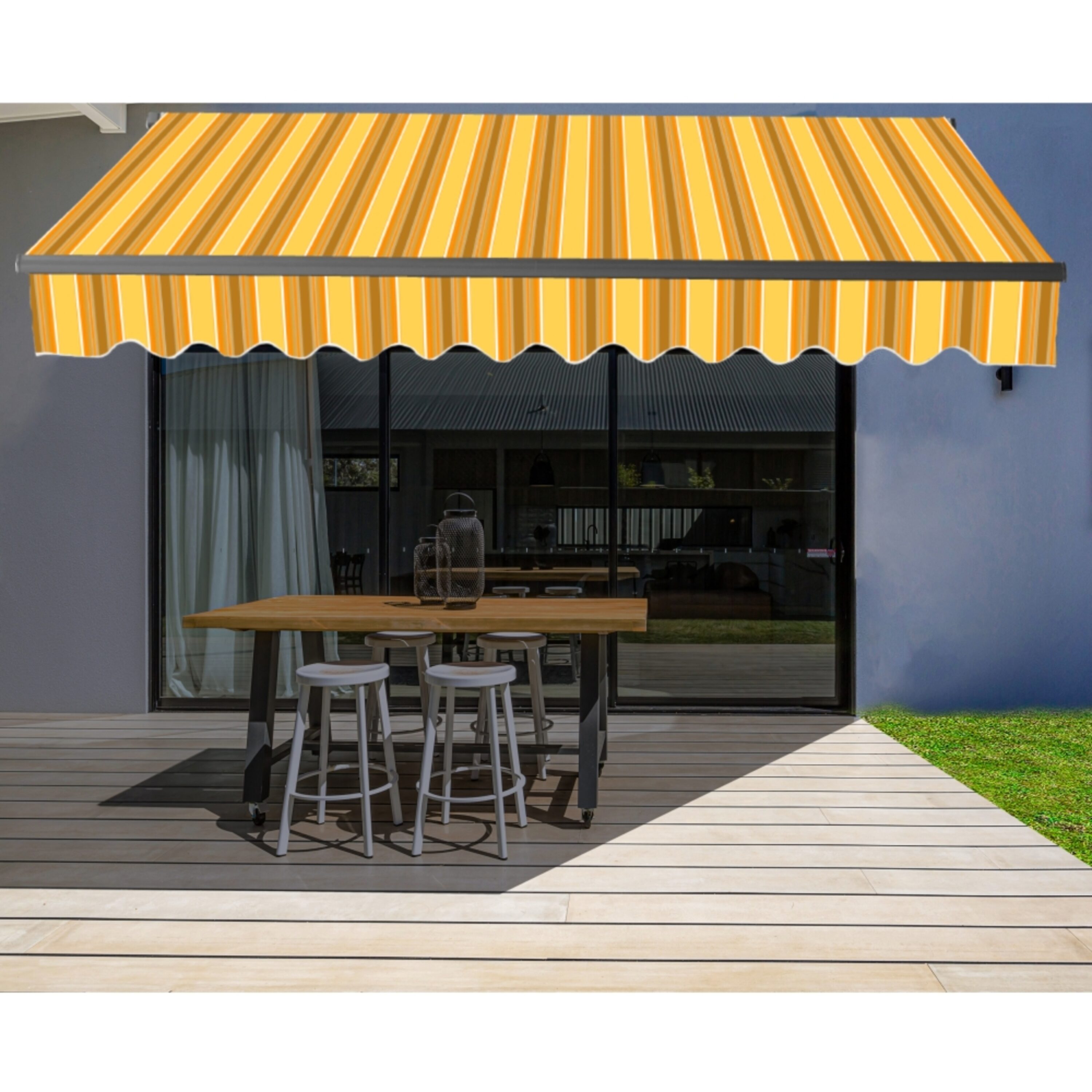ALEKO ABM20X10MSYL315-LO 240-in Wide x 120-in Projection x 10-in Height Metal Multistripe Yellow Striped Motorized Retractable Patio Awning