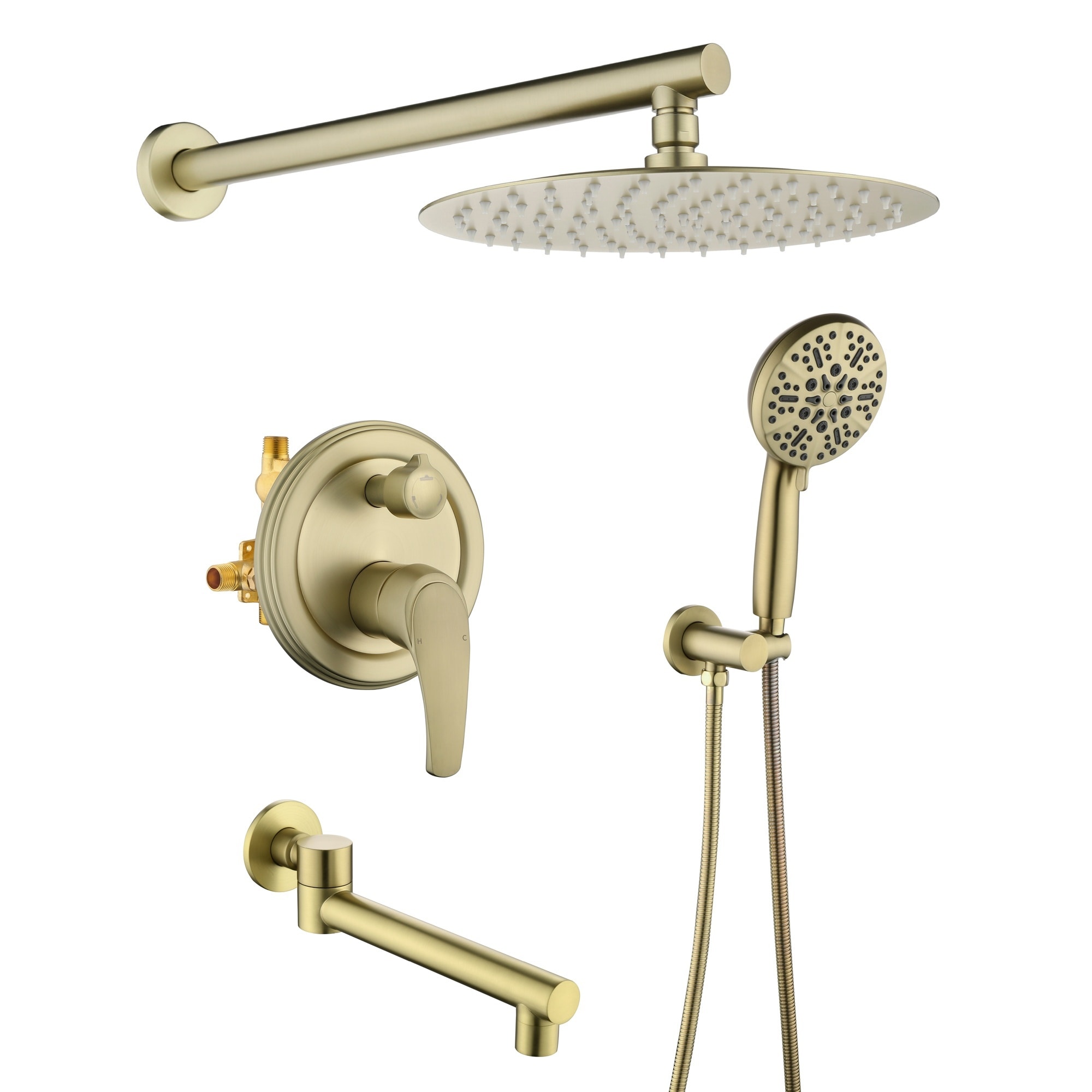 Brushed Gold 12-Inch Rain Shower System Brass SUS304 3-Function Valve 7-Function Handheld 180 Degrees Spout cUPC