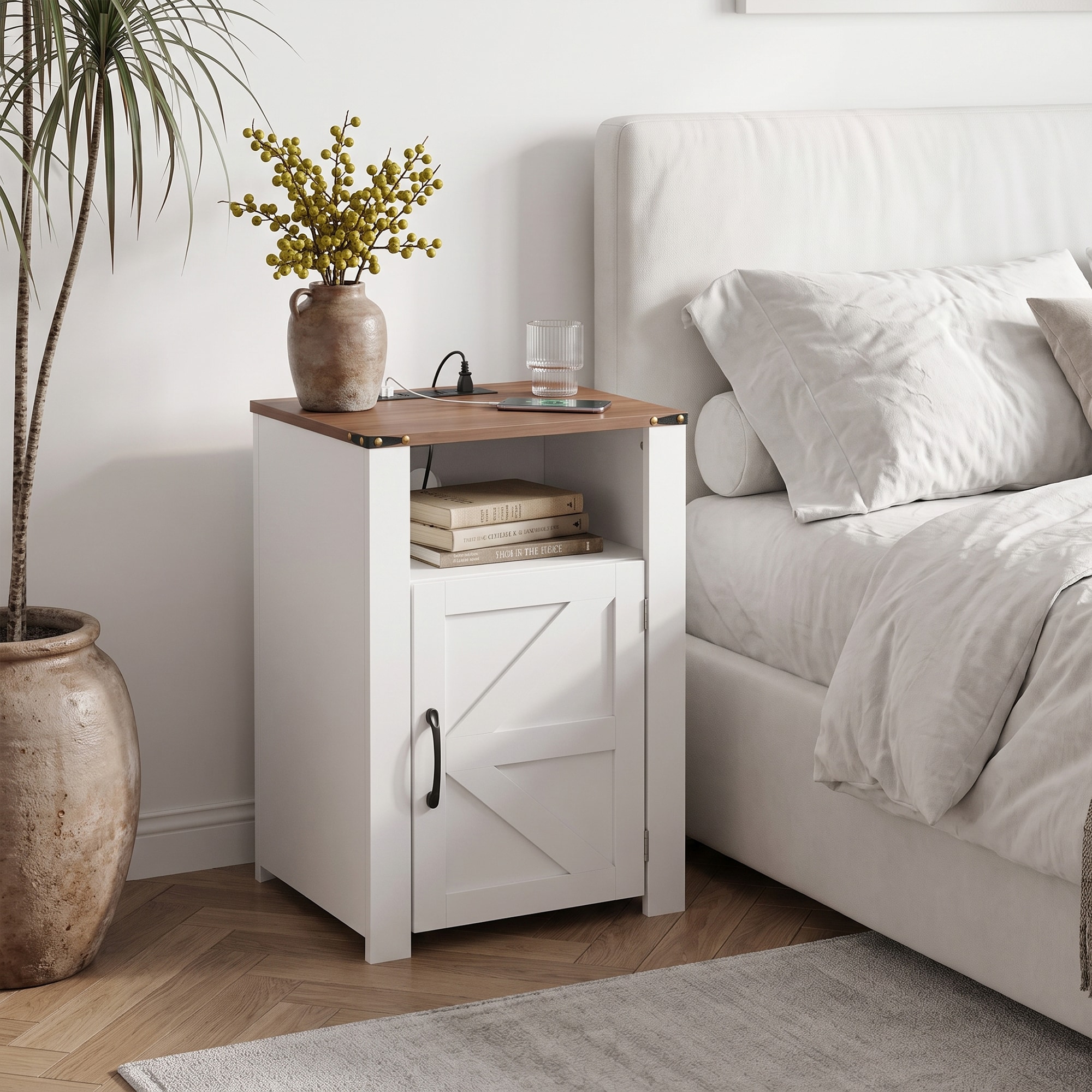 Vecelo White 16-in W x 25-in H Nightstand with Charging Station USB Ports and AC Outlet Storage Cabinet and Open Shelf for Bedroom and Living Room