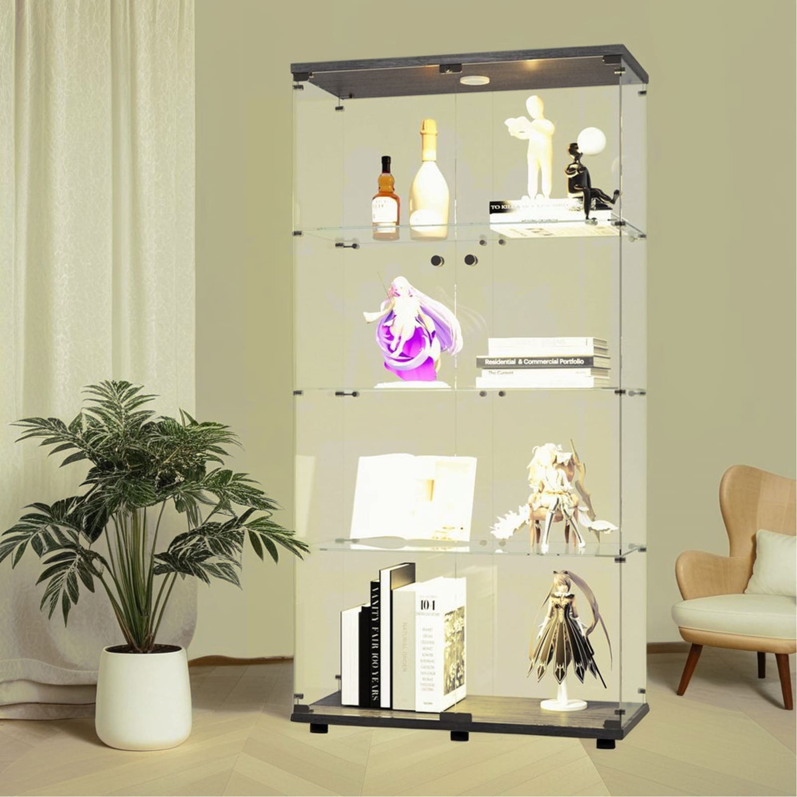 CHITA Modern Solid Wood and Tempered Glass Display Cabinet with 2 Doors 4 Shelves for Living Room Dining Room Entryway and Display Storage Black